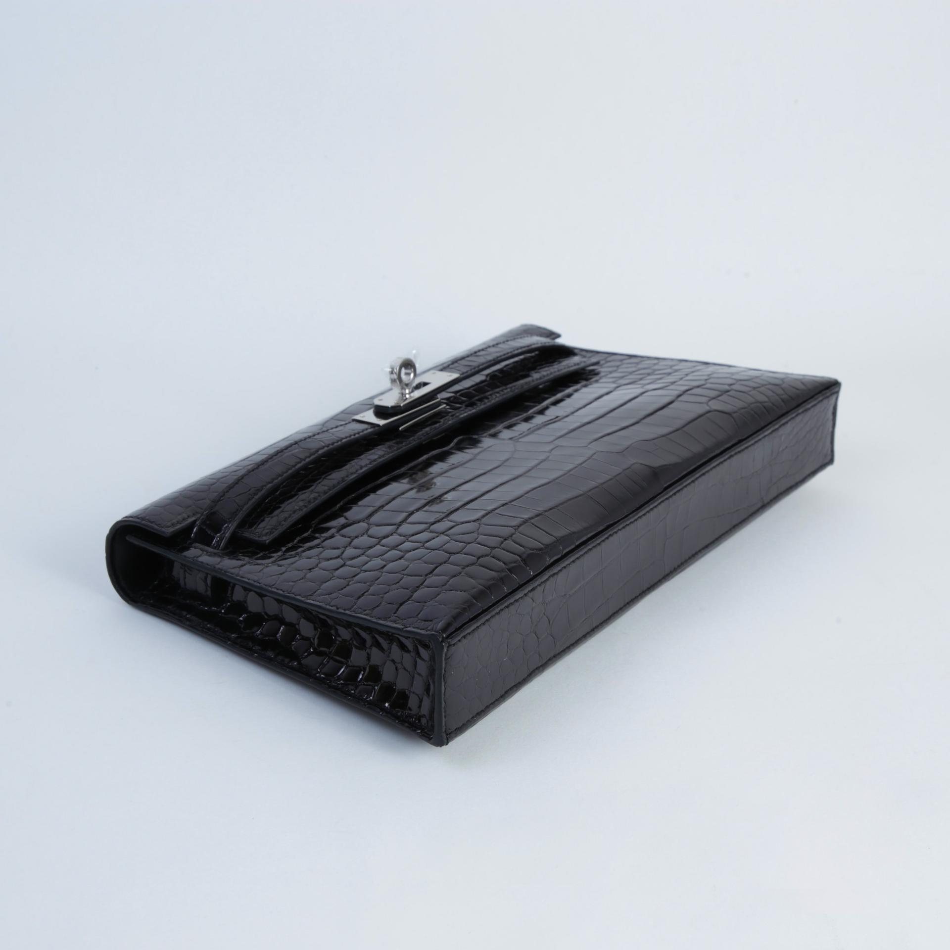 Excellent ( Rank SA ) HERMÈS Kelly Elan Noir (89) Shiny Porosus Crocodile Palladium hardware W (2024) - 3