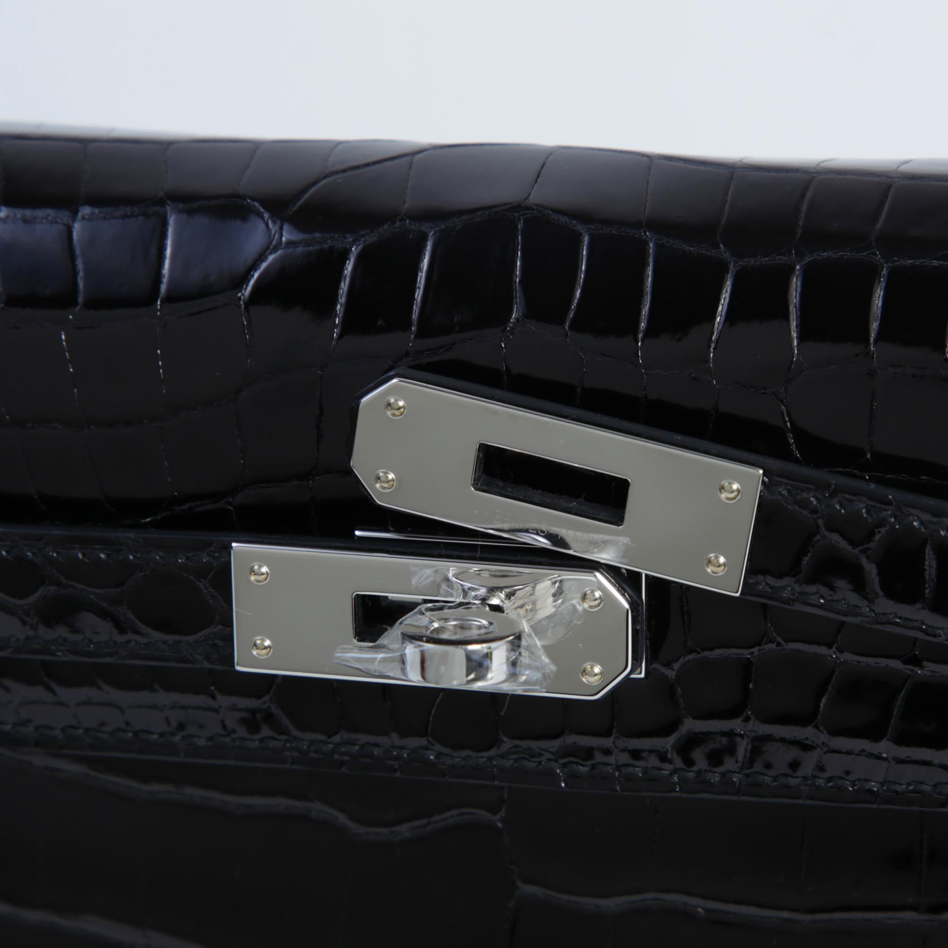 Excellent ( Rank SA ) HERMÈS Kelly Elan Noir (89) Shiny Porosus Crocodile Palladium hardware W (2024) - 7