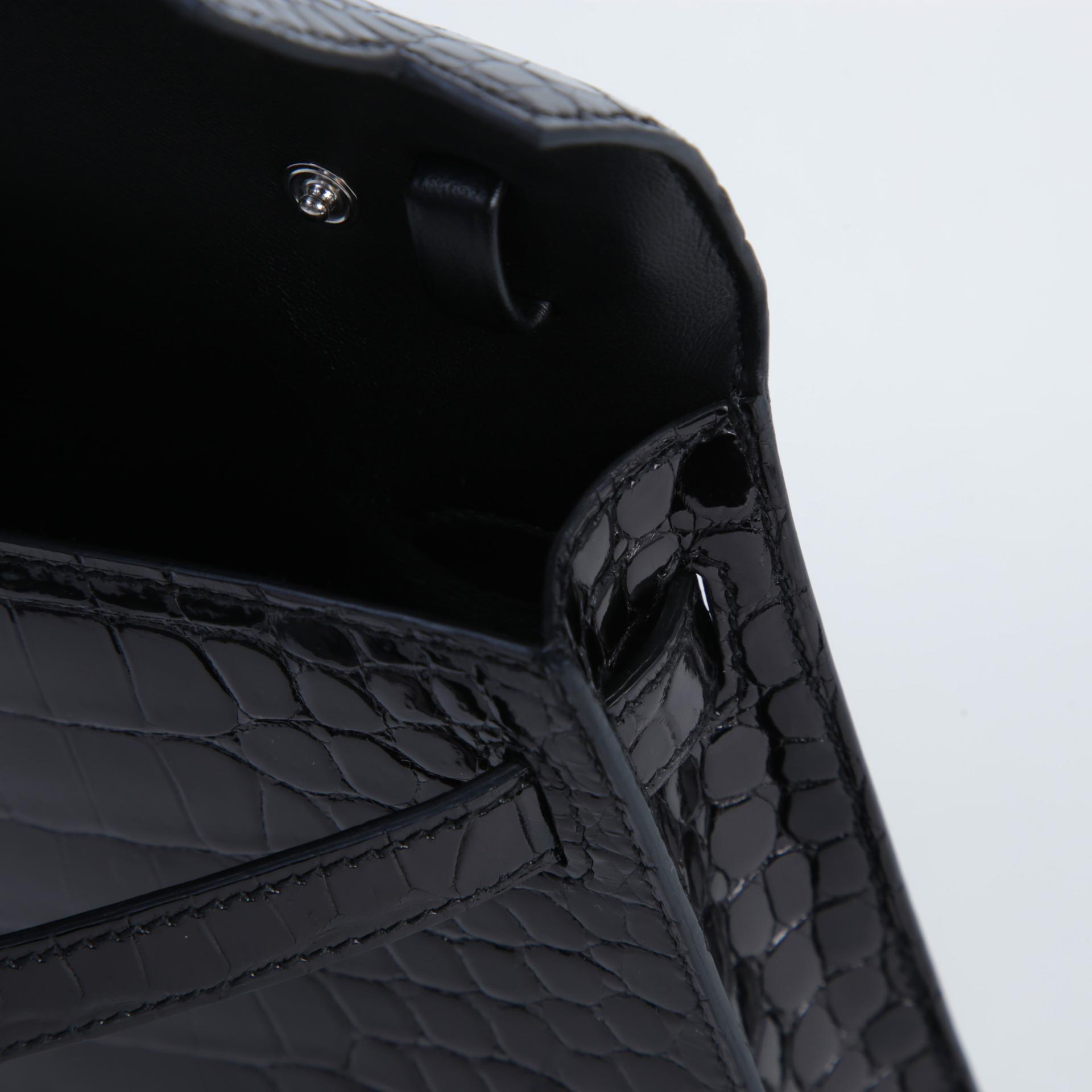 Excellent ( Rank SA ) HERMÈS Kelly Elan Noir (89) Shiny Porosus Crocodile Palladium hardware W (2024) - 10