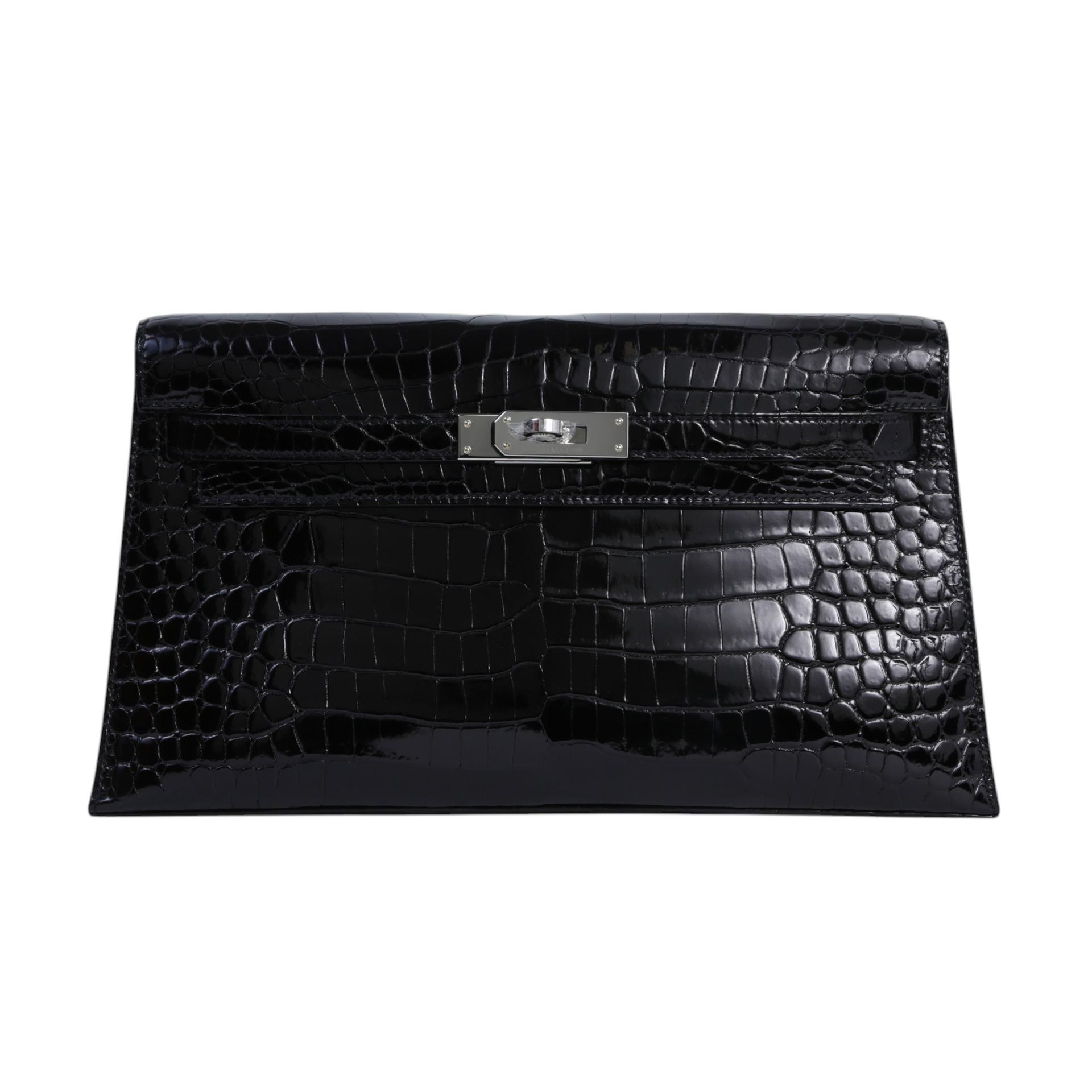 Excellent ( Rank SA ) HERMÈS Kelly Elan Noir (89) Shiny Porosus Crocodile Palladium hardware W (2024) - 1