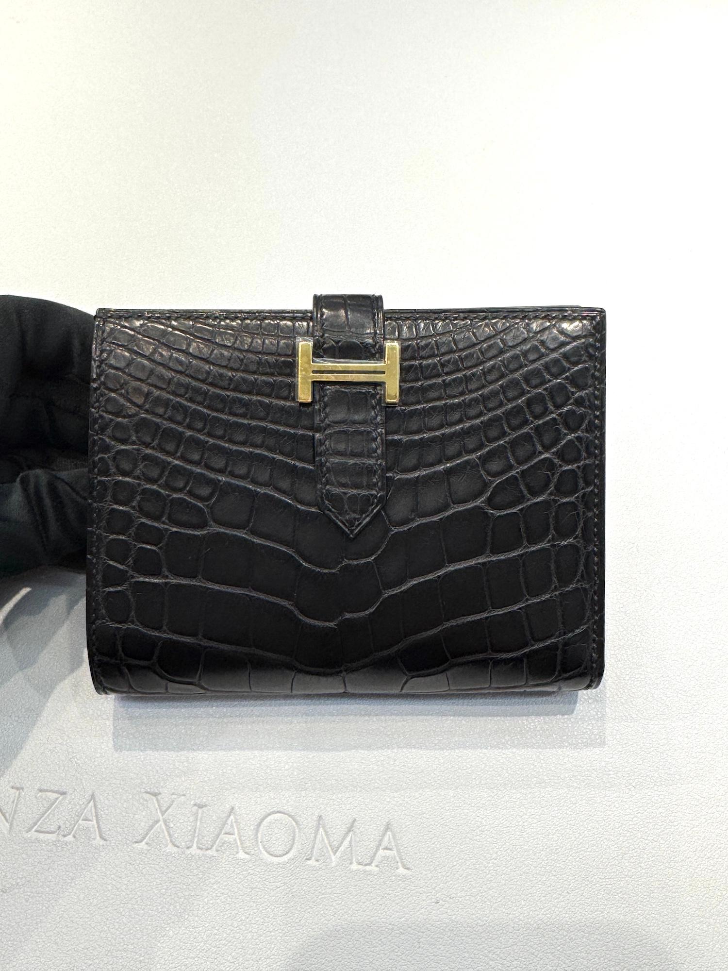 Brand New ( Rank N ) HERMÈS Bearn Compact wallet Noir (89) Matte Alligator Gold hardware Z (2021) - 16