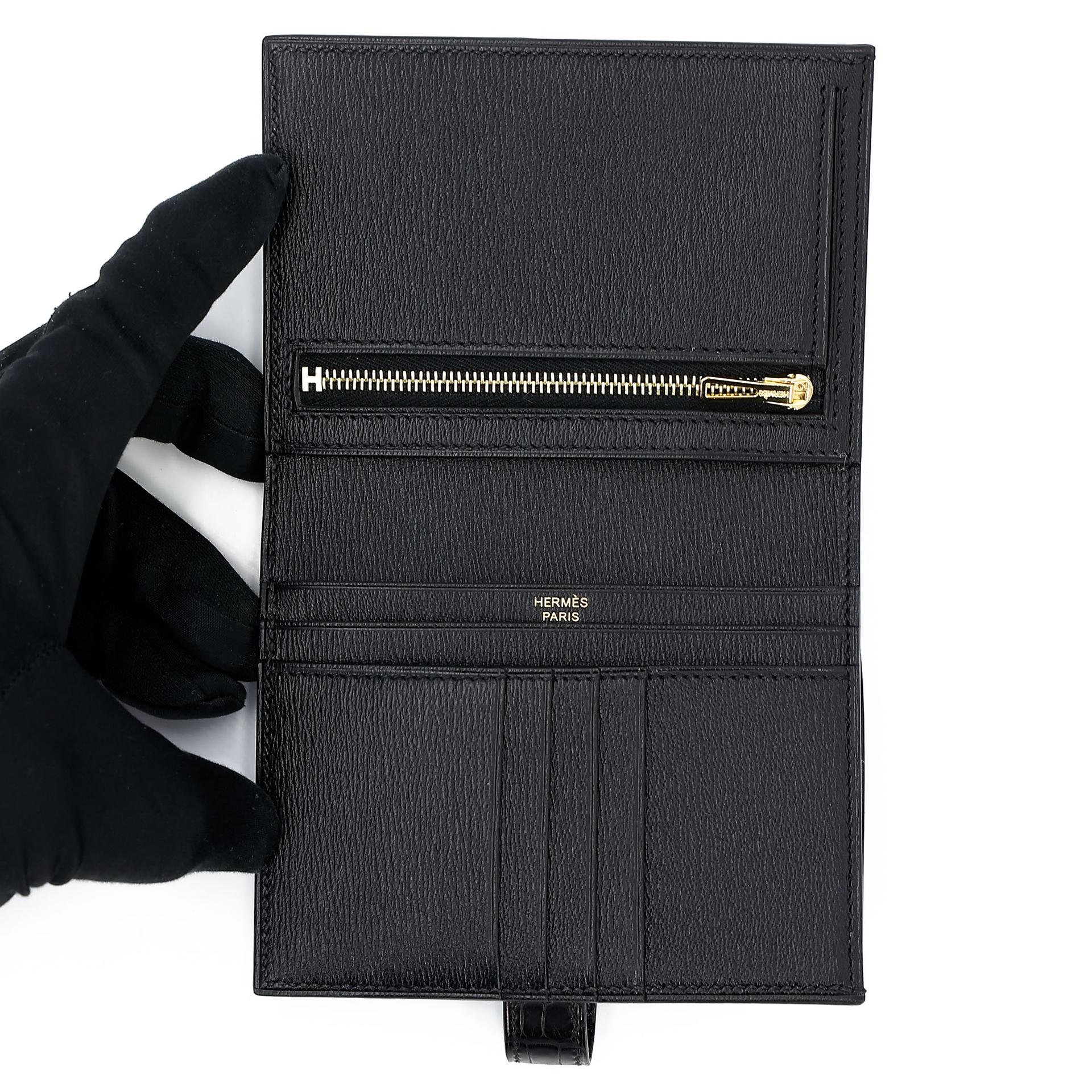 Brand New ( Rank N ) HERMÈS Bearn Compact wallet Noir (89) Matte Alligator Gold hardware Z (2021) - 9