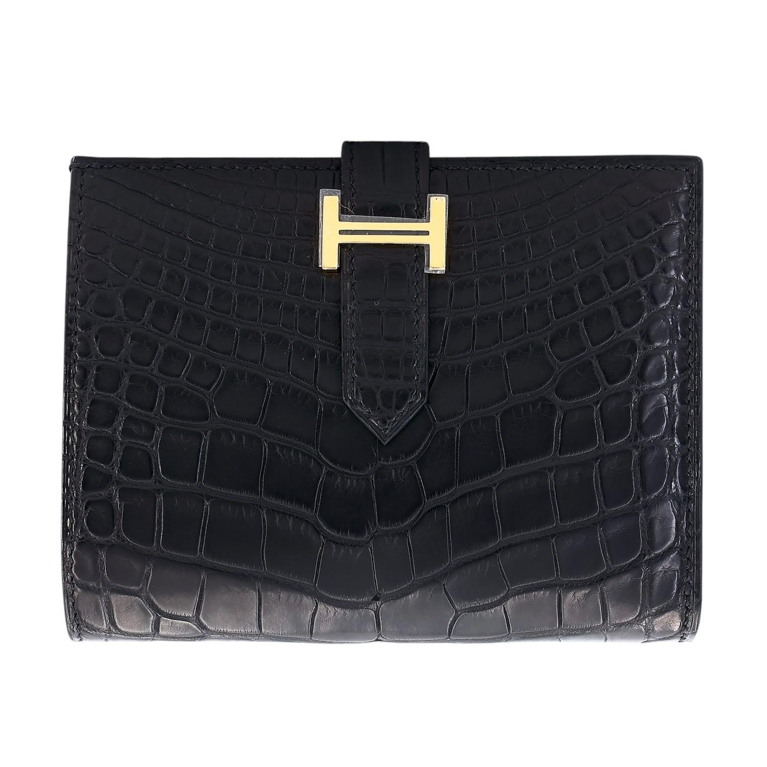 Brand New ( Rank N ) HERMÈS Bearn Compact wallet Noir (89) Matte Alligator Gold hardware Z (2021) - 1