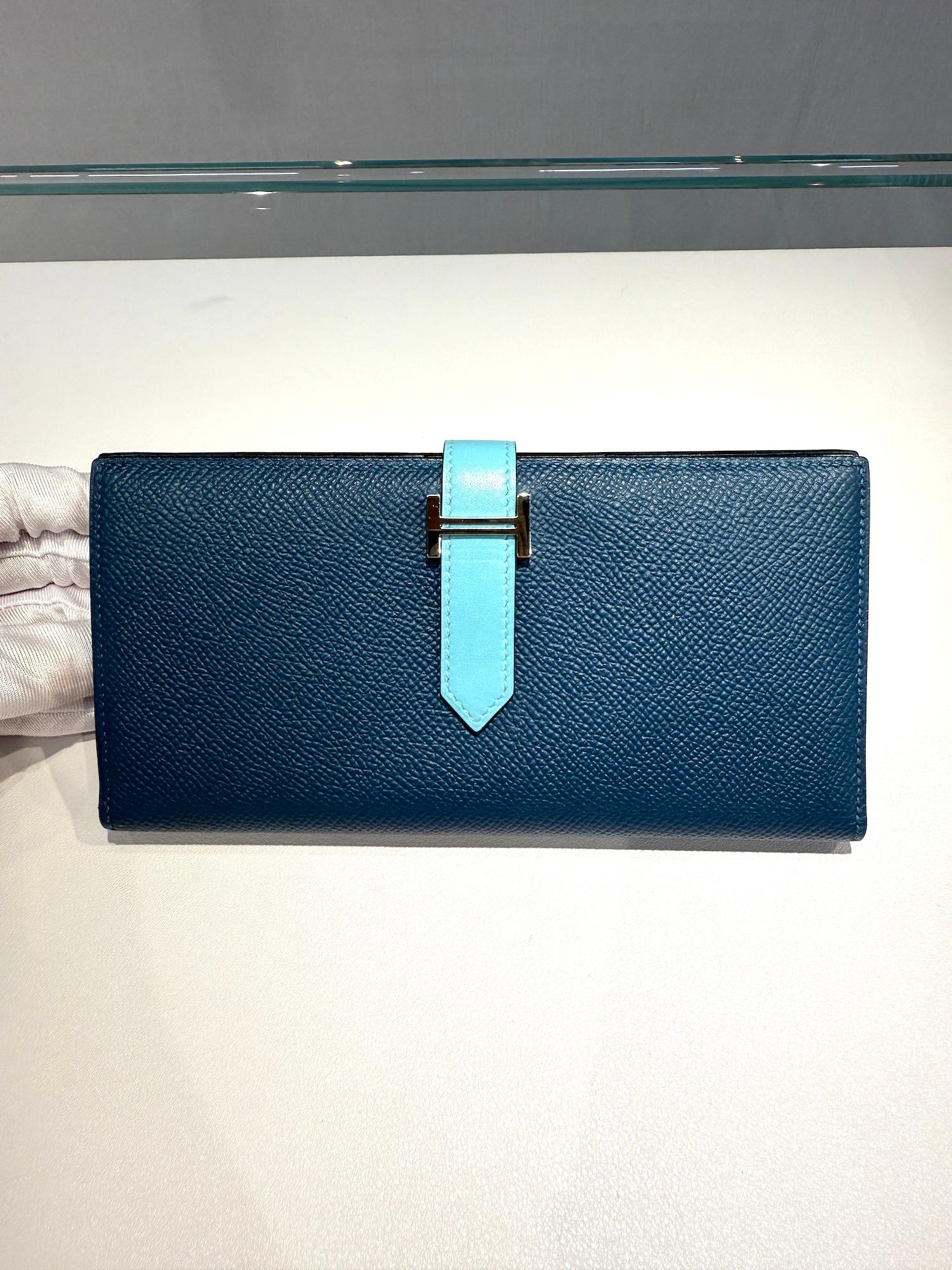 Very Good ( Rank A) HERMÈS Bearn Souffle wallet Colvert (1P) Bleu Atoll (3P) Epsom Tadelakt Palladium hardware X (2016) - 4