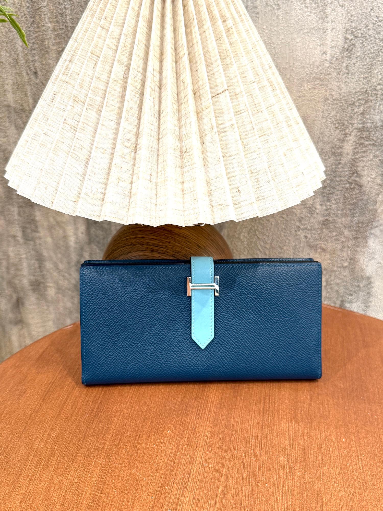 Very Good ( Rank A) HERMÈS Bearn Souffle wallet Colvert (1P) Bleu Atoll (3P) Epsom Tadelakt Palladium hardware X (2016) - 3