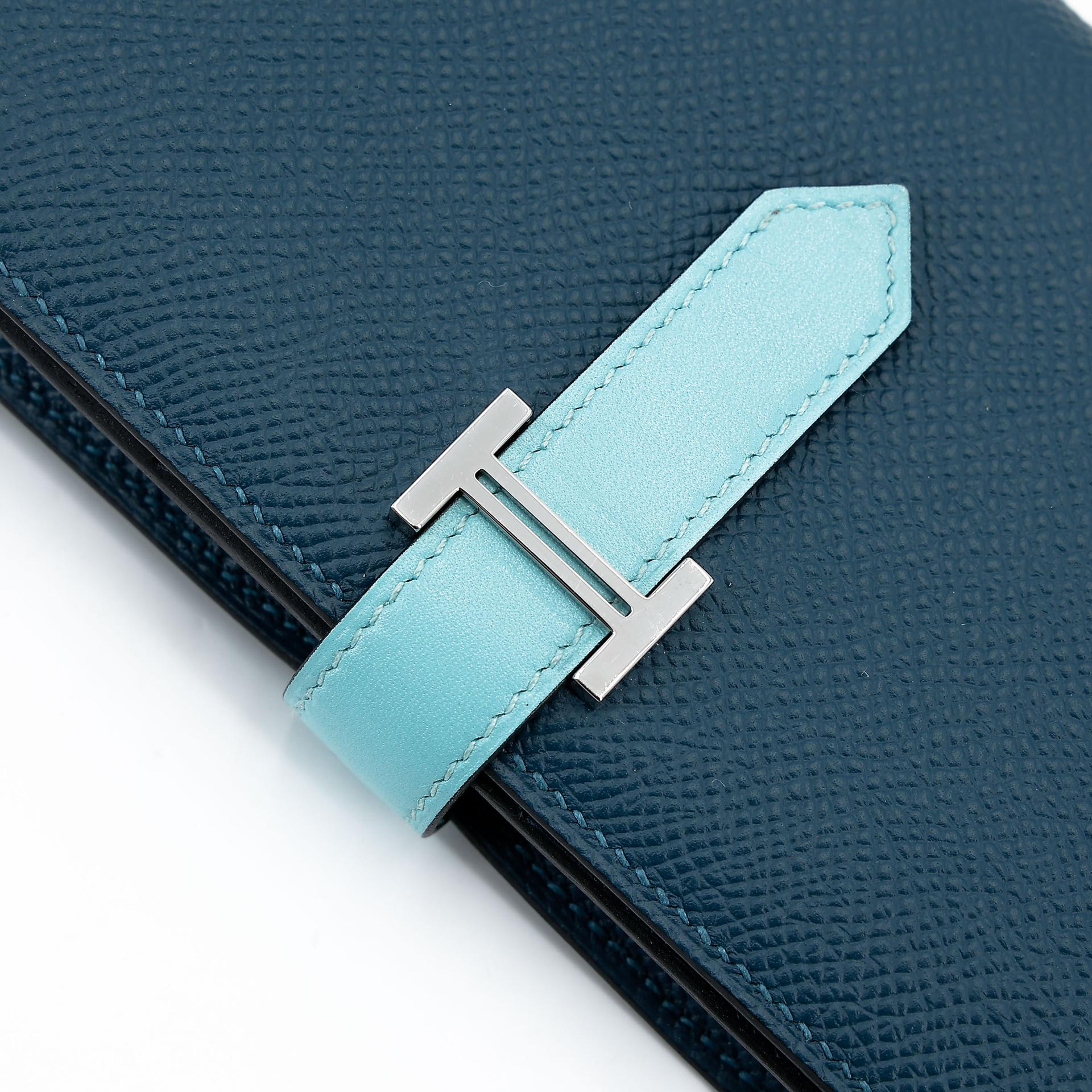 Very Good ( Rank A) HERMÈS Bearn Souffle wallet Colvert (1P) Bleu Atoll (3P) Epsom Tadelakt Palladium hardware X (2016) - 9