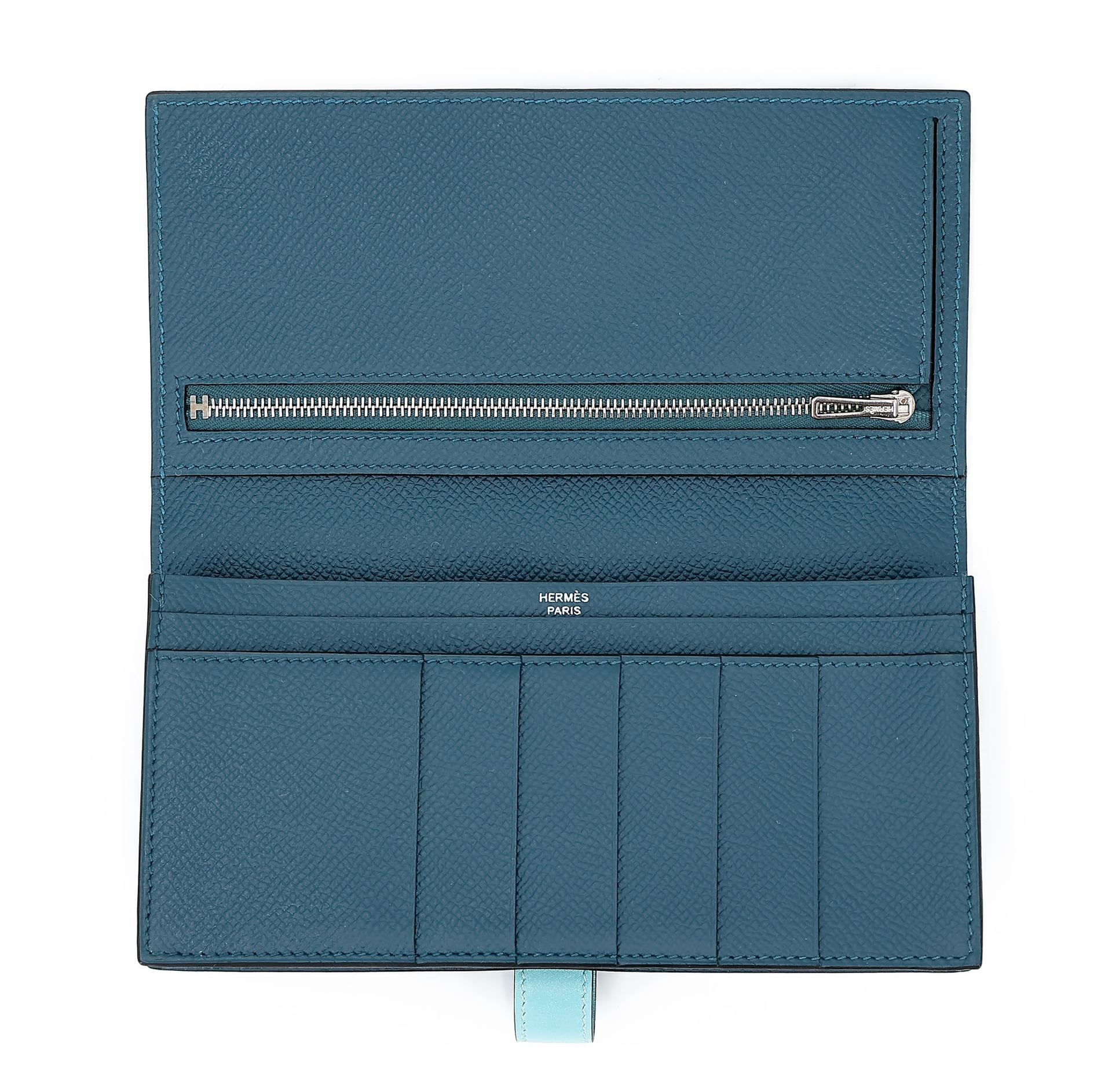 Very Good ( Rank A) HERMÈS Bearn Souffle wallet Colvert (1P) Bleu Atoll (3P) Epsom Tadelakt Palladium hardware X (2016) - 12