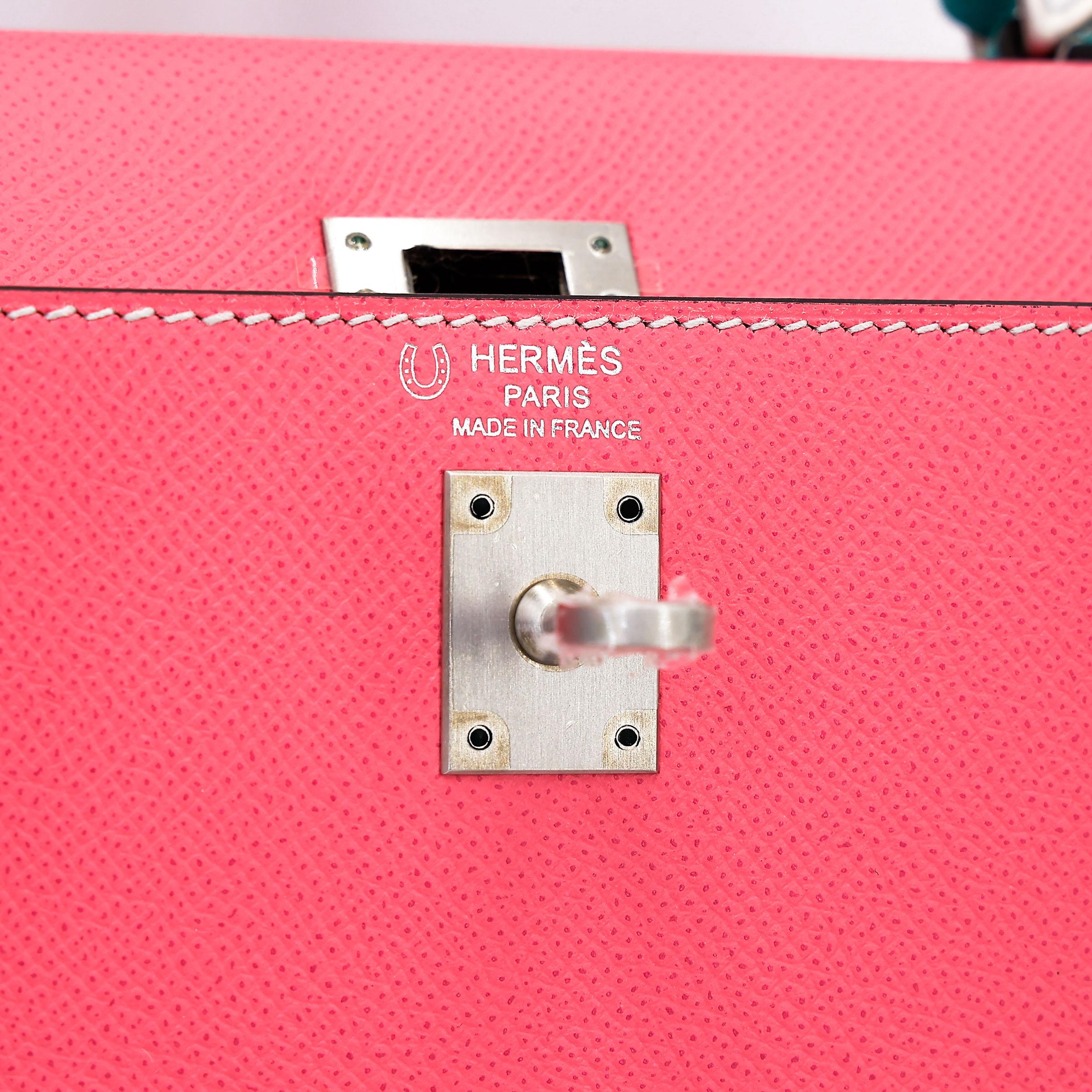 Very Good ( Rank A) HERMÈS Special Order Kelly 25 Sellier HSS Rose Azalee (8W) Bleu Paon (7F) Epsom Brushed Palladium D (2019) - 14