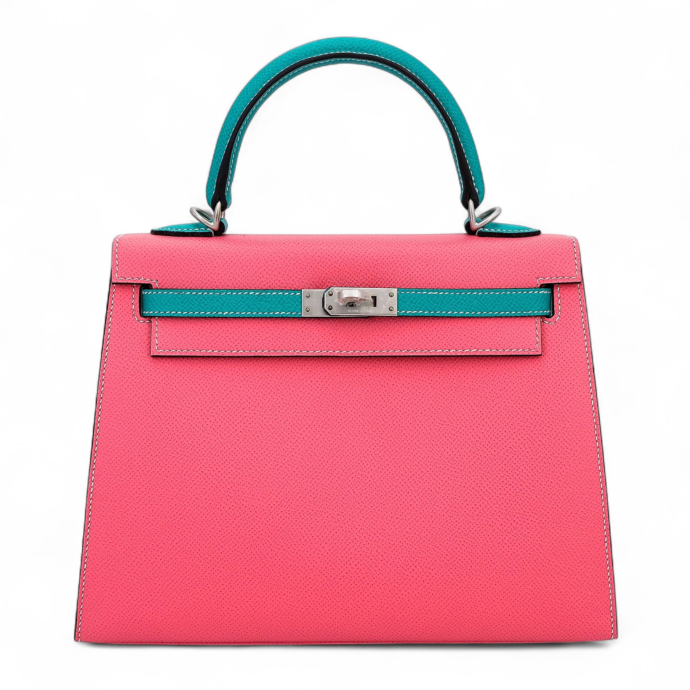 Very Good ( Rank A) HERMÈS Special Order Kelly 25 Sellier HSS Rose Azalee (8W) Bleu Paon (7F) Epsom Brushed Palladium D (2019) - 1