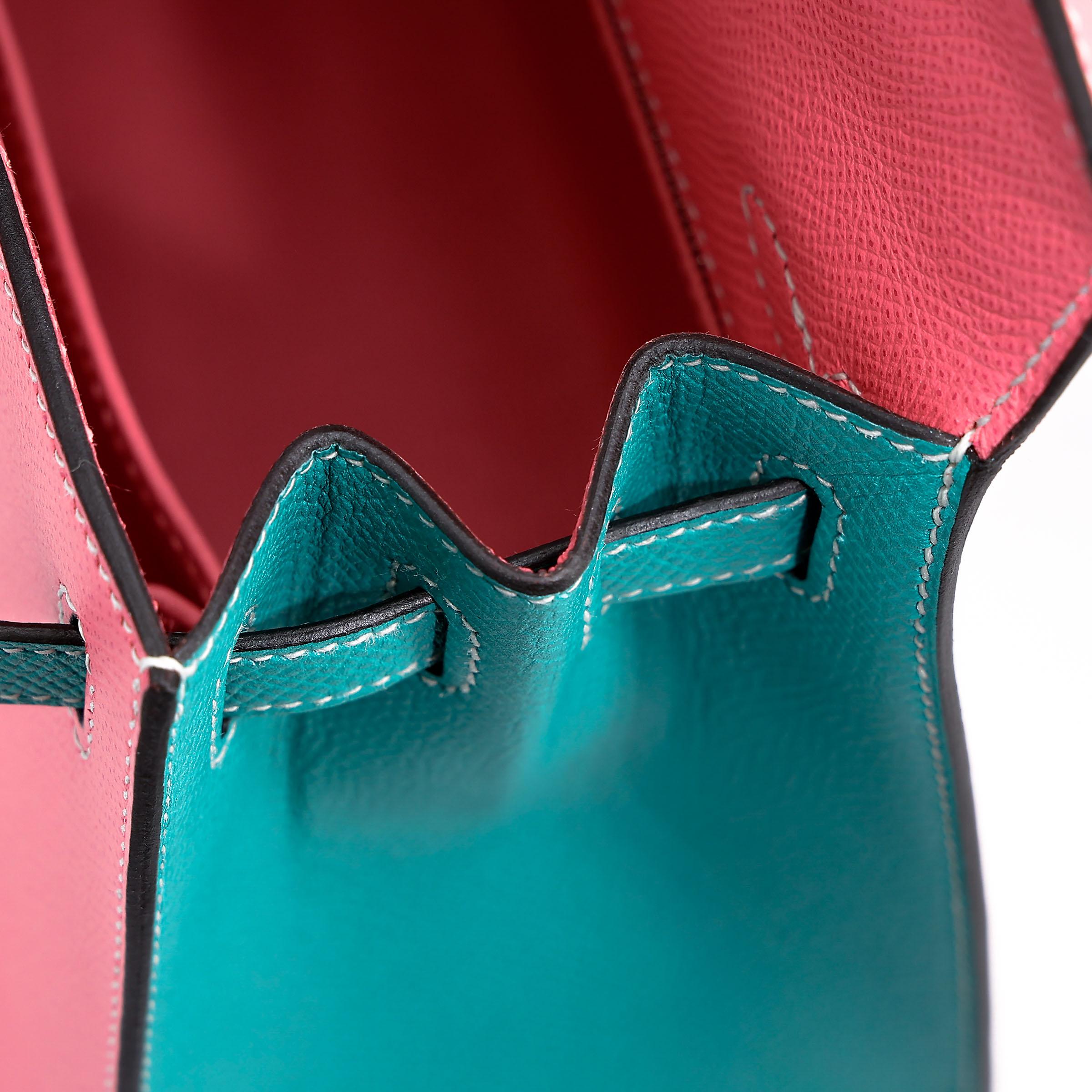 Very Good ( Rank A) HERMÈS Special Order Kelly 25 Sellier HSS Rose Azalee (8W) Bleu Paon (7F) Epsom Brushed Palladium D (2019) - 16
