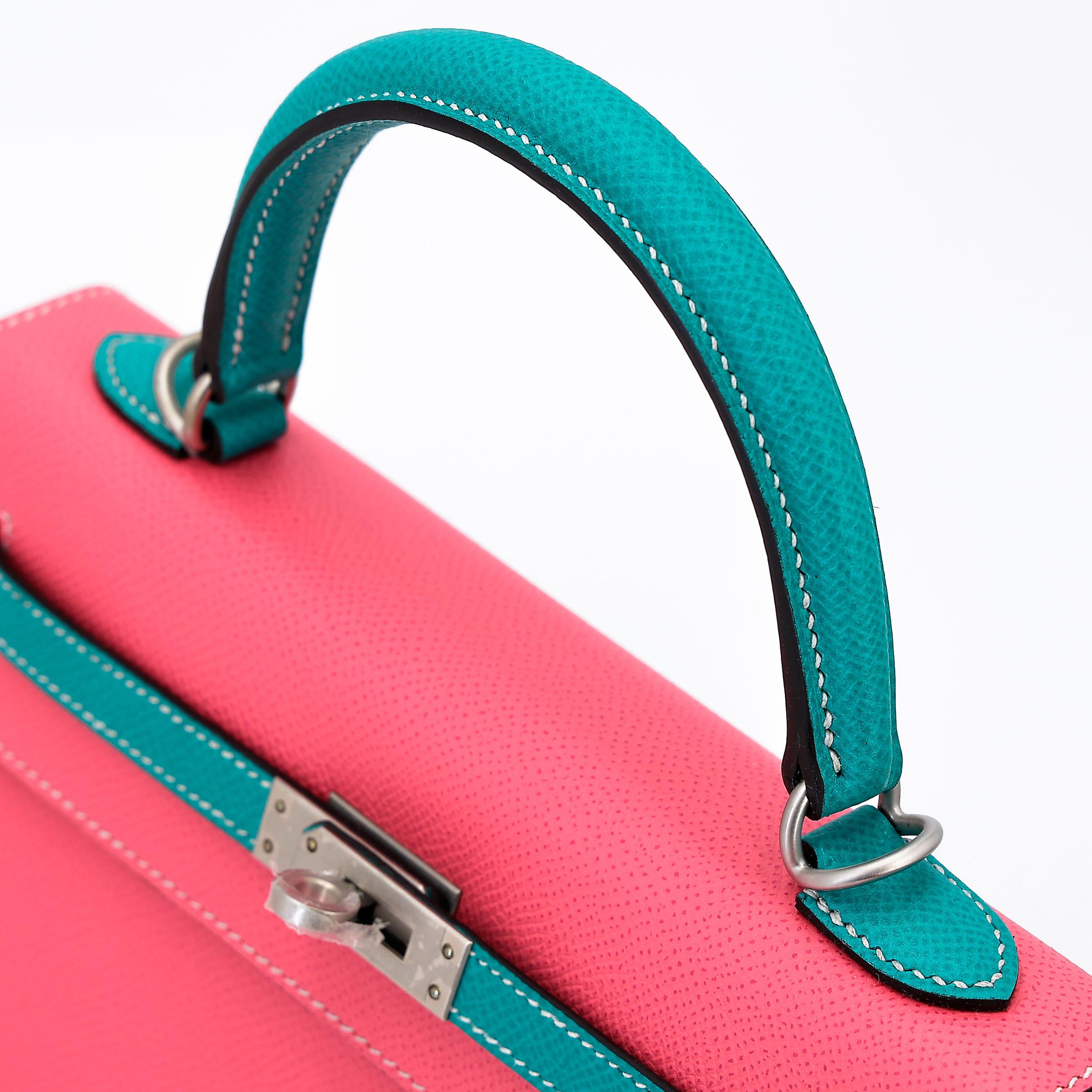Very Good ( Rank A) HERMÈS Special Order Kelly 25 Sellier HSS Rose Azalee (8W) Bleu Paon (7F) Epsom Brushed Palladium D (2019) - 4