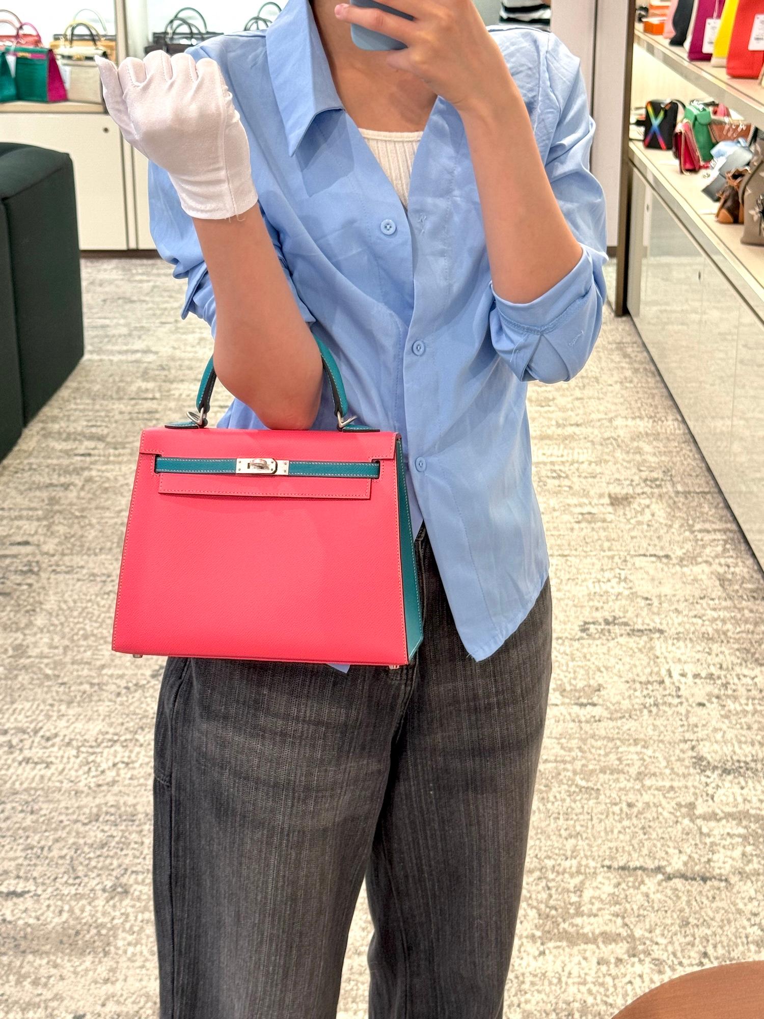 Very Good ( Rank A) HERMÈS Special Order Kelly 25 Sellier HSS Rose Azalee (8W) Bleu Paon (7F) Epsom Brushed Palladium D (2019) - 3