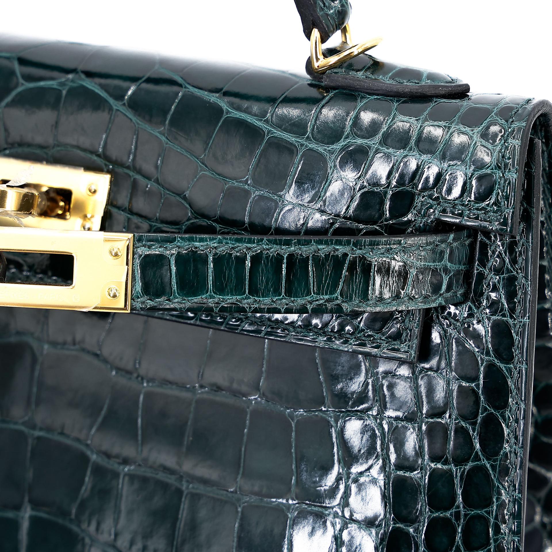 Unused ( Rank NS ) HERMÈS Mini Kelly II Vert Cypress (6O) Shiny Alligator Gold hardware U (2022) - 13