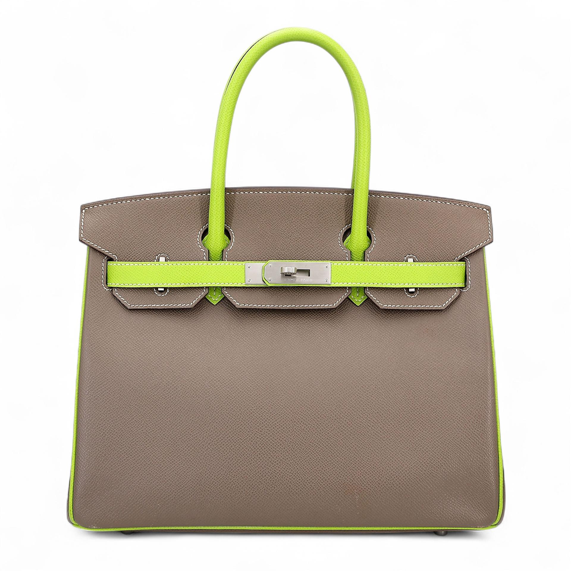 A美品 HERMÈS 愛馬仕 馬蹄印定制 Birkin 30 18 大象灰 Etoupe 6R 奇異果綠 Kiwi Epsom牛皮 拉絲銀扣 □P刻 2012年 - 1