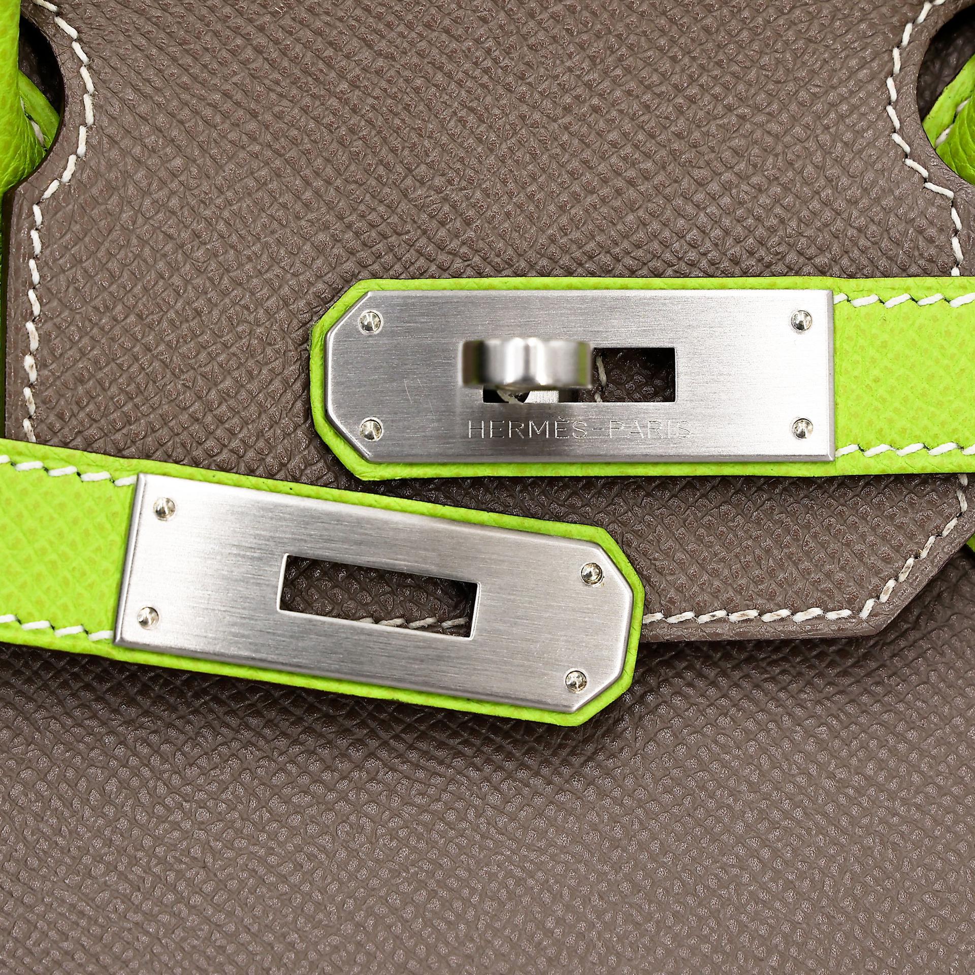 A美品 HERMÈS 愛馬仕 馬蹄印定制 Birkin 30 18 大象灰 Etoupe 6R 奇異果綠 Kiwi Epsom牛皮 拉絲銀扣 □P刻 2012年 - 14