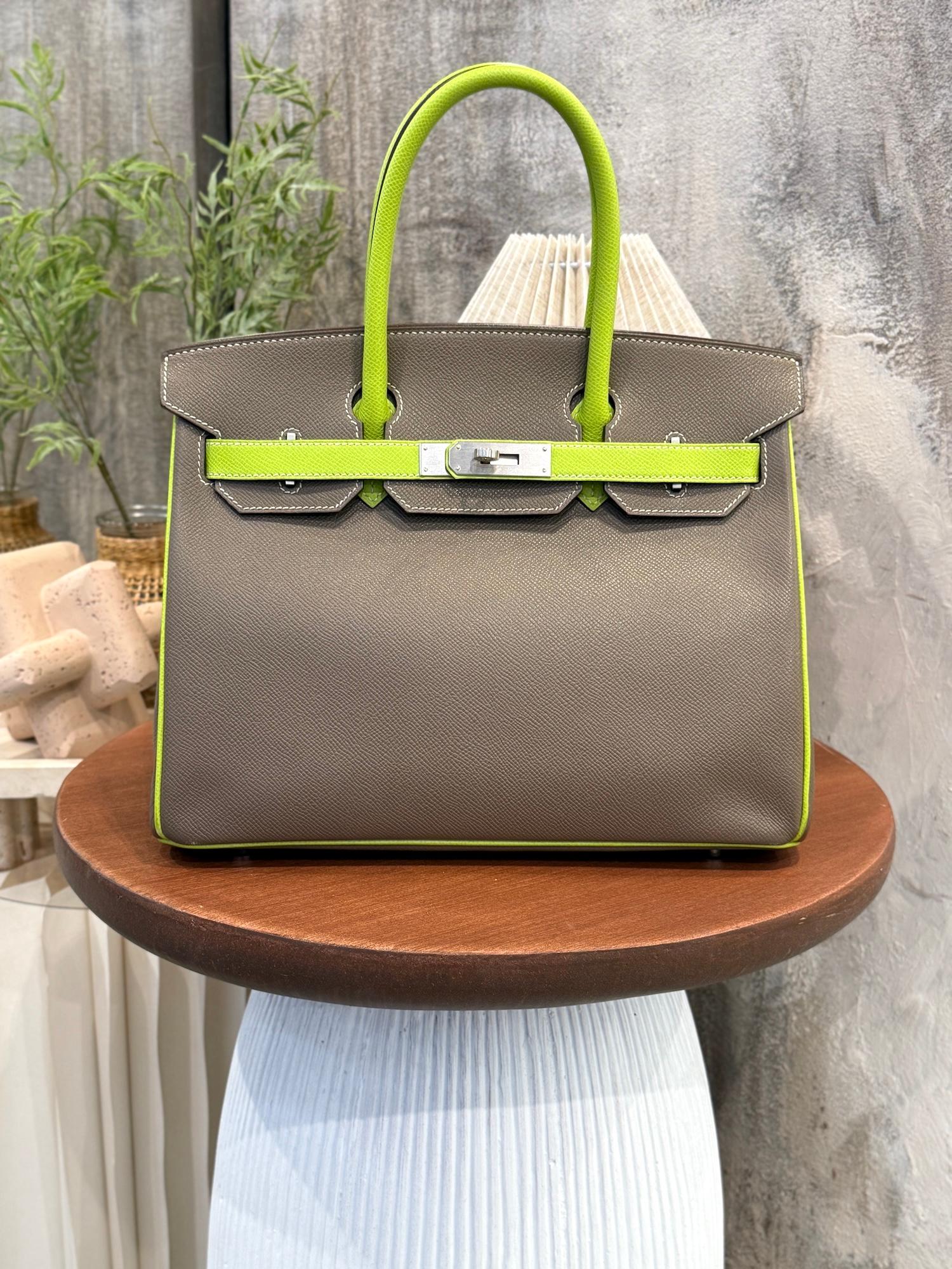 A美品 HERMÈS 愛馬仕 馬蹄印定制 Birkin 30 18 大象灰 Etoupe 6R 奇異果綠 Kiwi Epsom牛皮 拉絲銀扣 □P刻 2012年 - 4