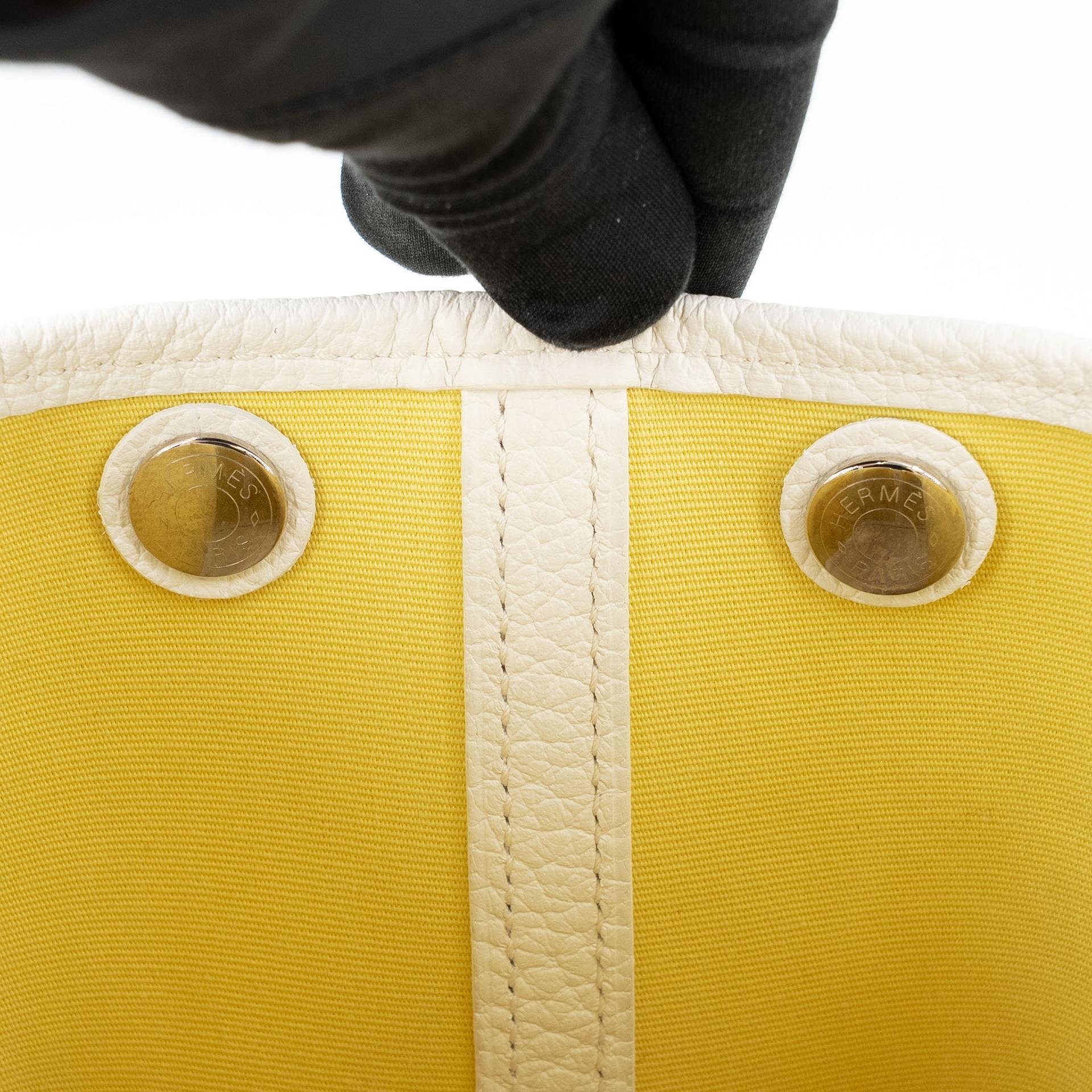 Excellent ( Rank SA ) HERMÈS Garden Party TPM Jaune Poussin (1Z) White (01) Canvas Negonda Palladium hardware R (2014) - 18