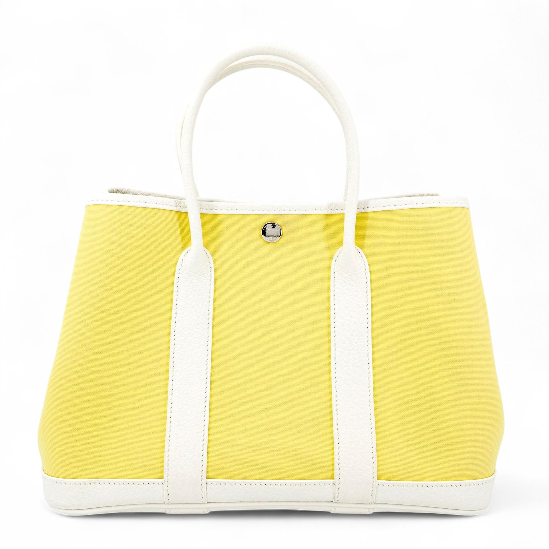 Excellent ( Rank SA ) HERMÈS Garden Party TPM Jaune Poussin (1Z) White (01) Canvas Negonda Palladium hardware R (2014) - 1