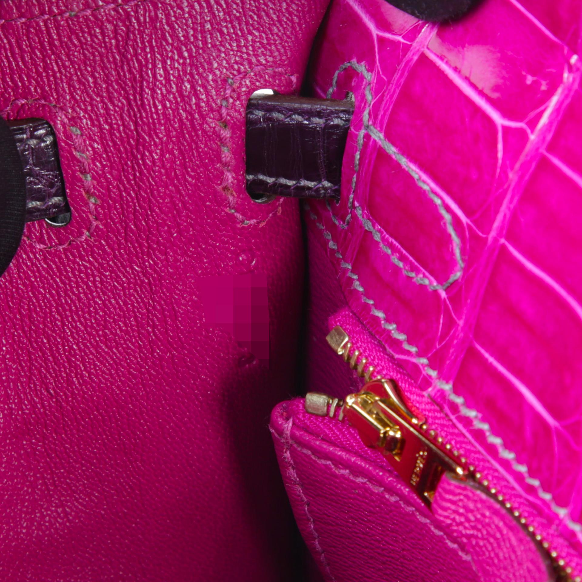 Very Good ( Rank A) HERMÈS Special Order Kelly 25 Sellier Rose Scheherazade (J5) Aubergine (3V) Shiny Niloticus Crocodile Brushed Gold hardware C (2018) - 13