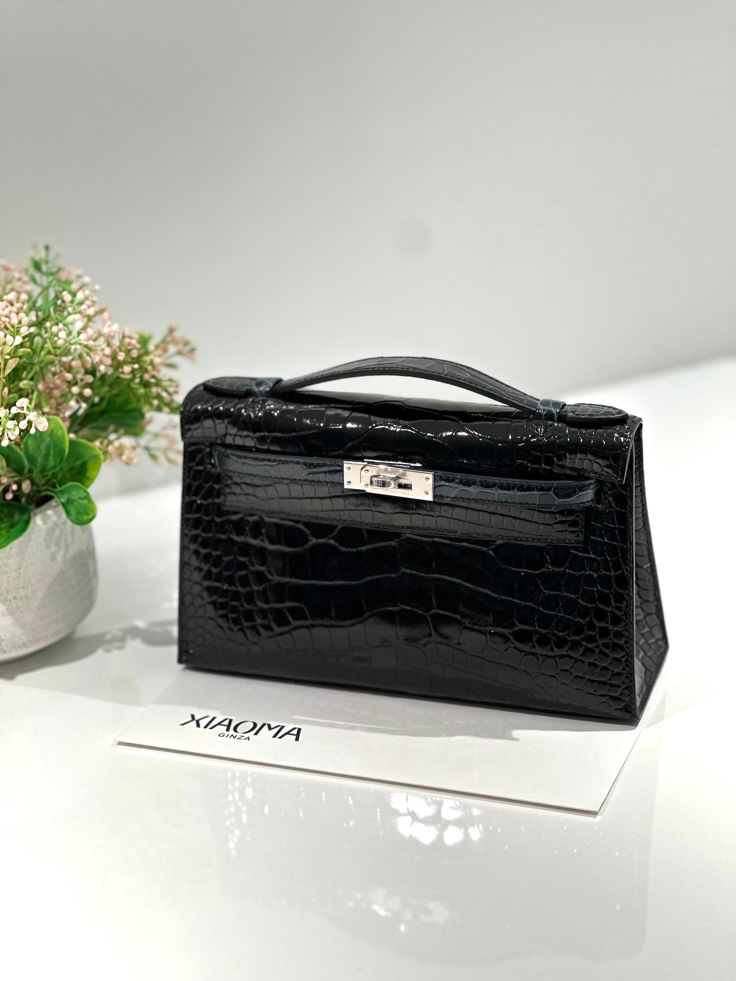 Unused ( Rank NS ) HERMÈS Kelly Pochette Vert Rousseau (V0) Noir (89) Shiny Alligator Palladium hardware K (2025) - 5