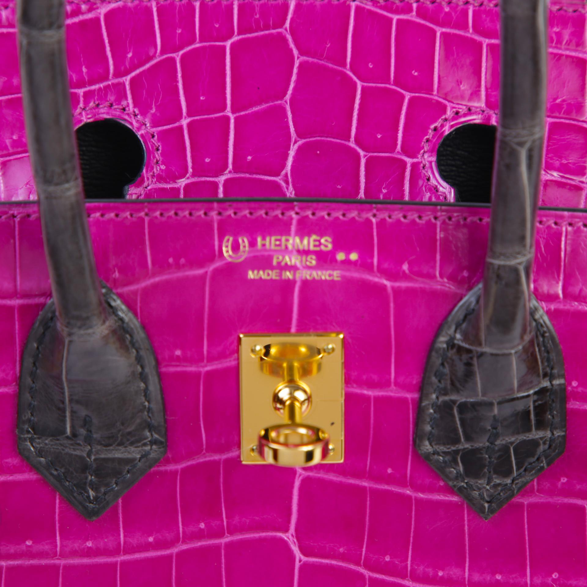 Very Good ( Rank A) HERMÈS Special Order Birkin 25 Rose Scheherazade (J5) Gris Fonce (84) Shiny Niloticus Crocodile Gold hardware C (2018) - 9
