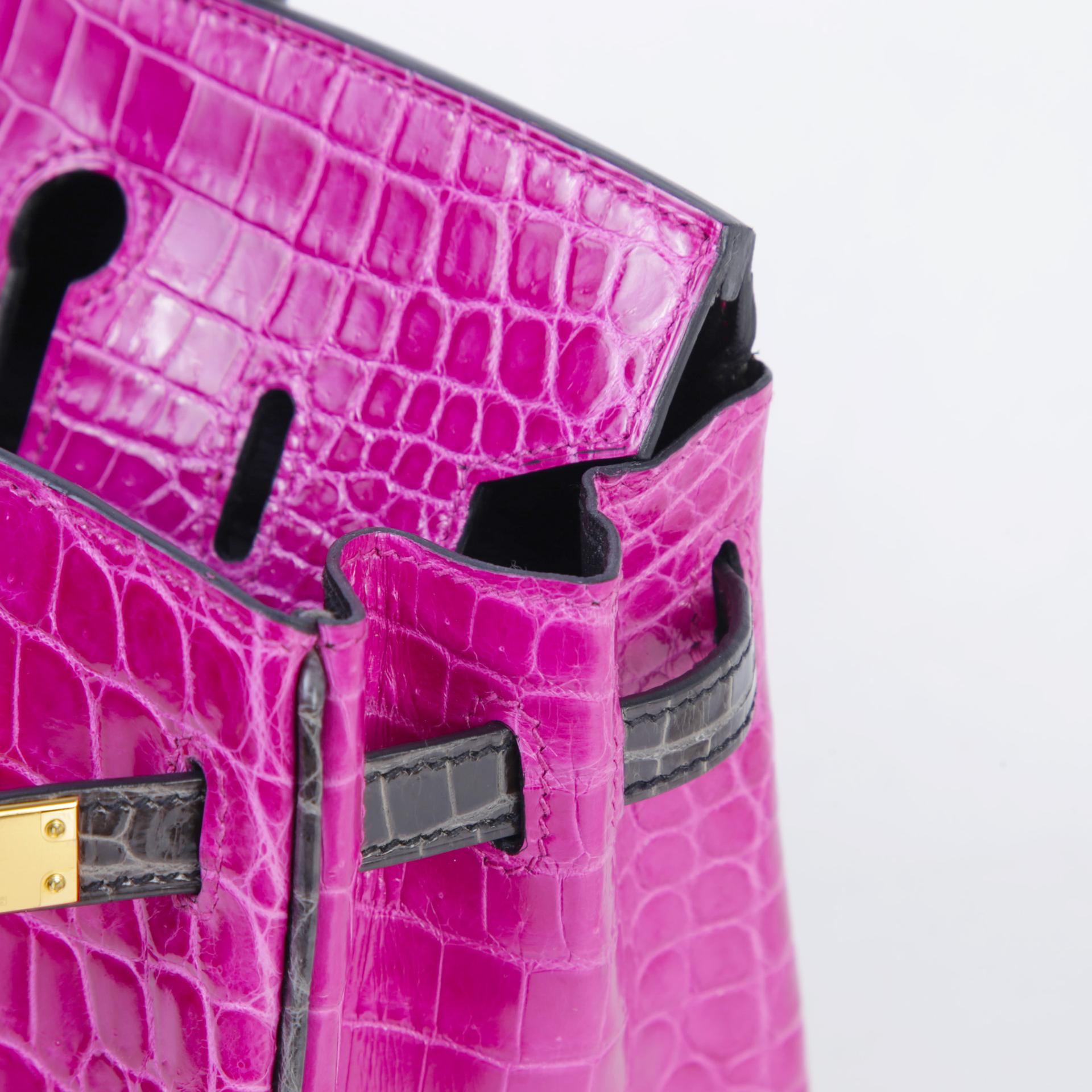 Very Good ( Rank A) HERMÈS Special Order Birkin 25 Rose Scheherazade (J5) Gris Fonce (84) Shiny Niloticus Crocodile Gold hardware C (2018) - 11