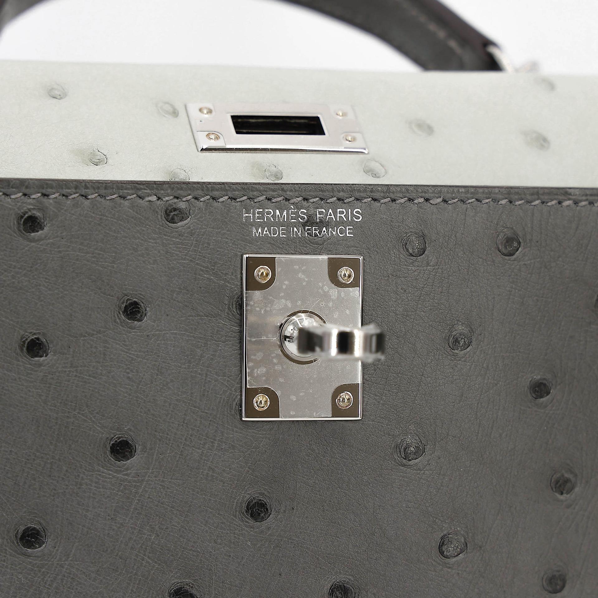 Brand New ( Rank N ) HERMÈS Mini Kelly II Gris Meyer (0L) Gris Perle (80) Ostrich Palladium hardware K (2025) - 13