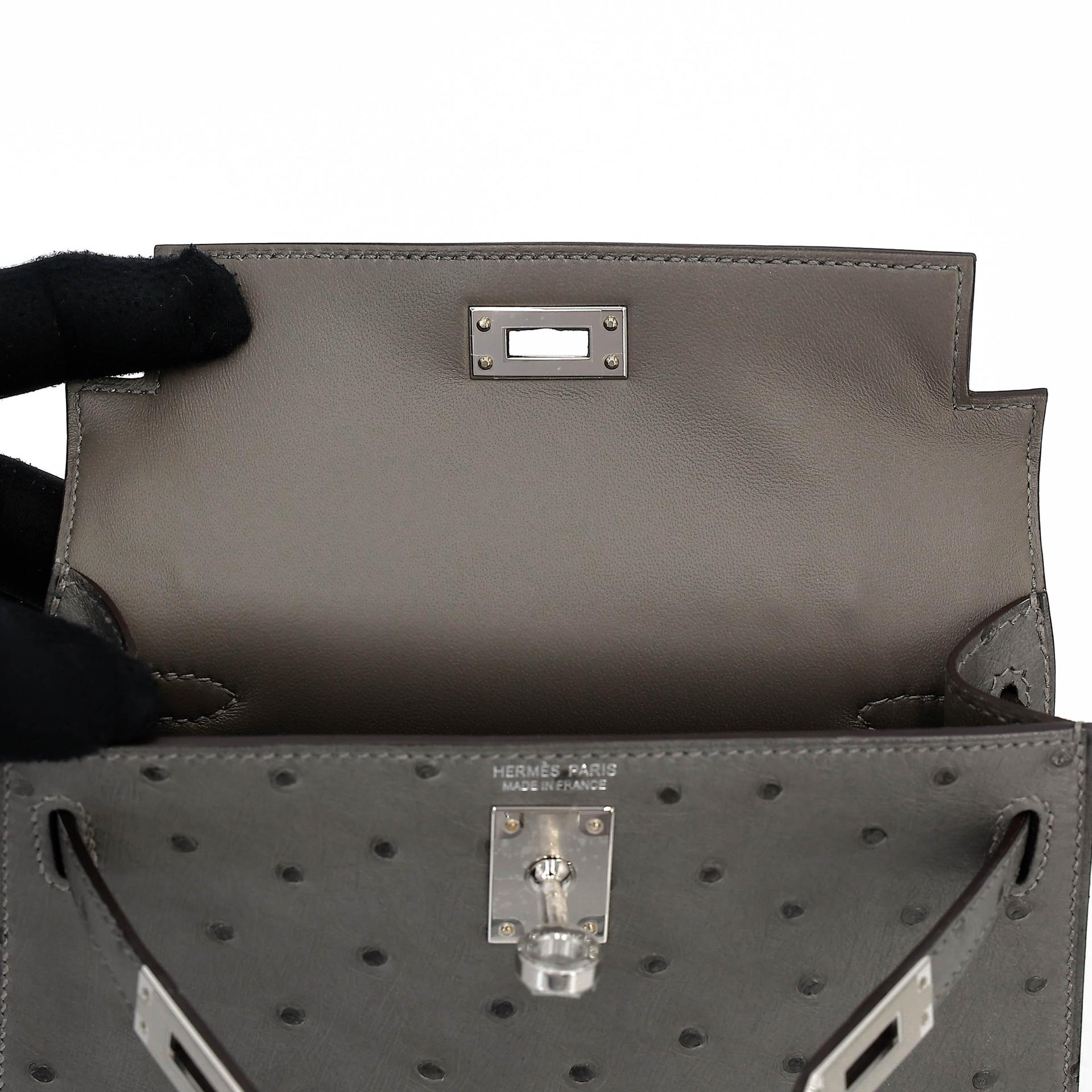 Brand New ( Rank N ) HERMÈS Mini Kelly II Gris Meyer (0L) Gris Perle (80) Ostrich Palladium hardware K (2025) - 12