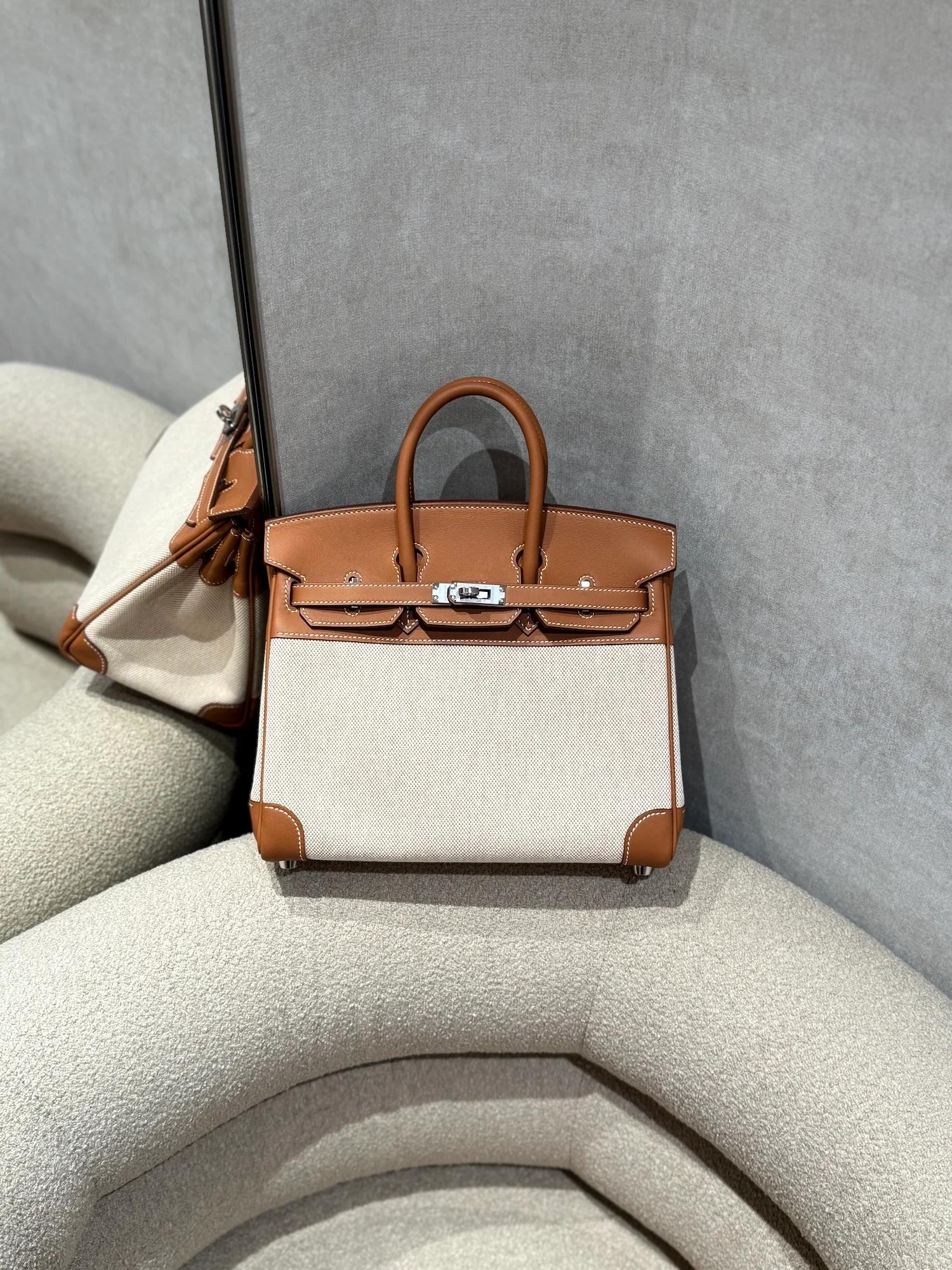Unused ( Rank NS ) HERMÈS Birkin 25 Gold (37) Swift Toile H canvas Palladium hardware W (2024) - 3