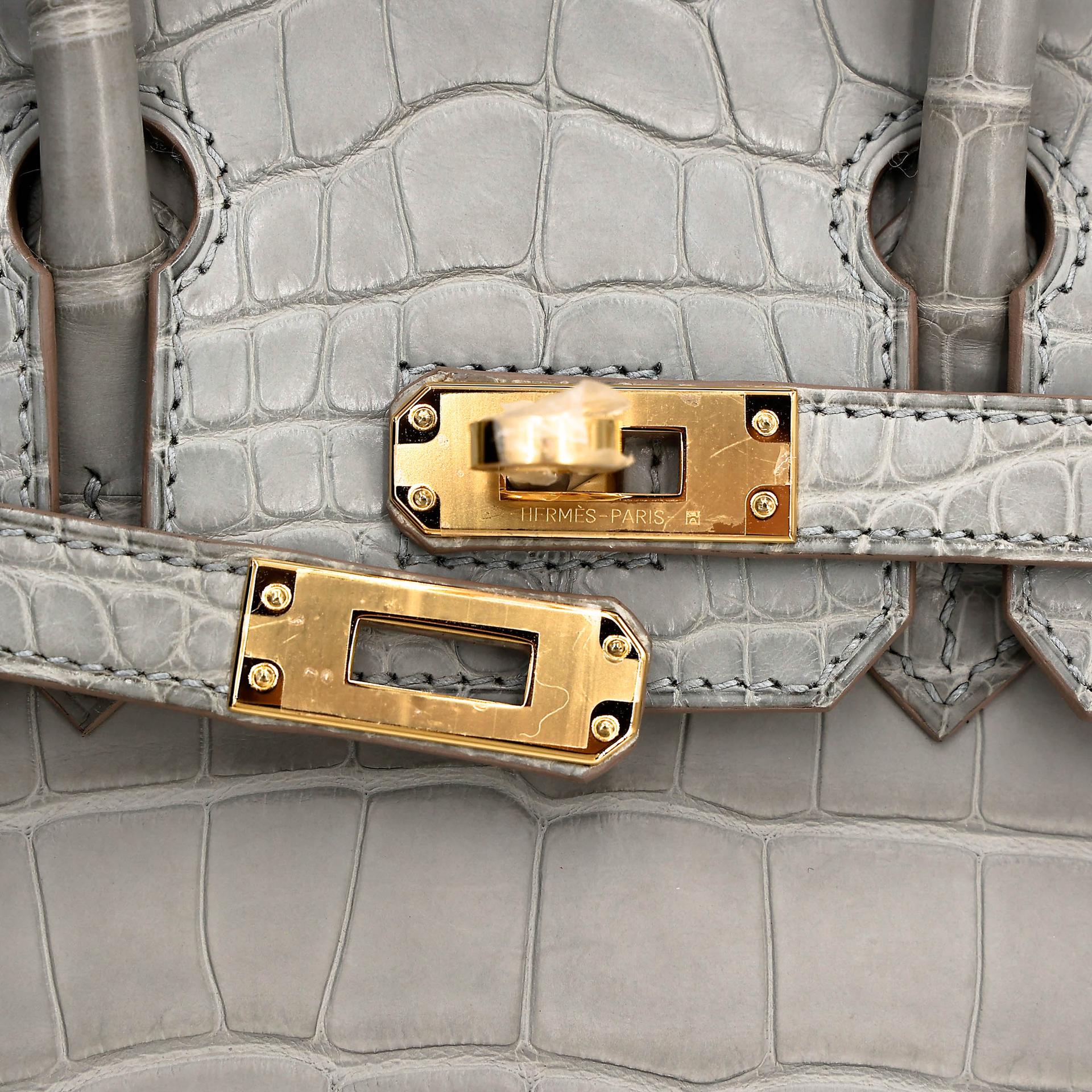 Unused ( Rank NS ) HERMÈS Birkin 25 Sellier Gris Perle (80) Matte Alligator Gold hardware B (2023) - 9