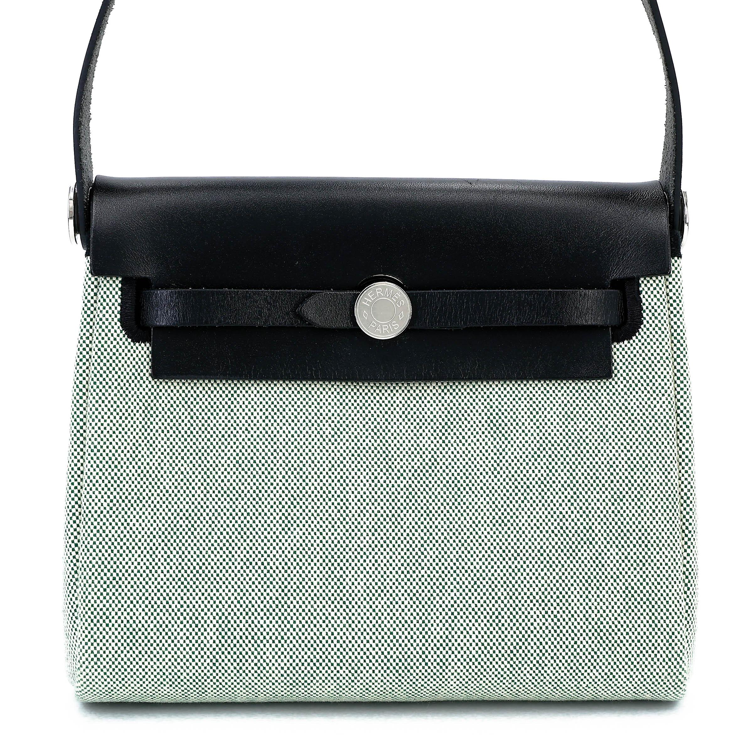 SA超美品 HERMÈS 爱马仕 Herbag Zip Mini 20 89 黑色 Noir (Black) 65 Vert Moyen 宝石绿 Vache Hunter皮 Toile H Viking帆布 银扣 K刻 2025年 - 1