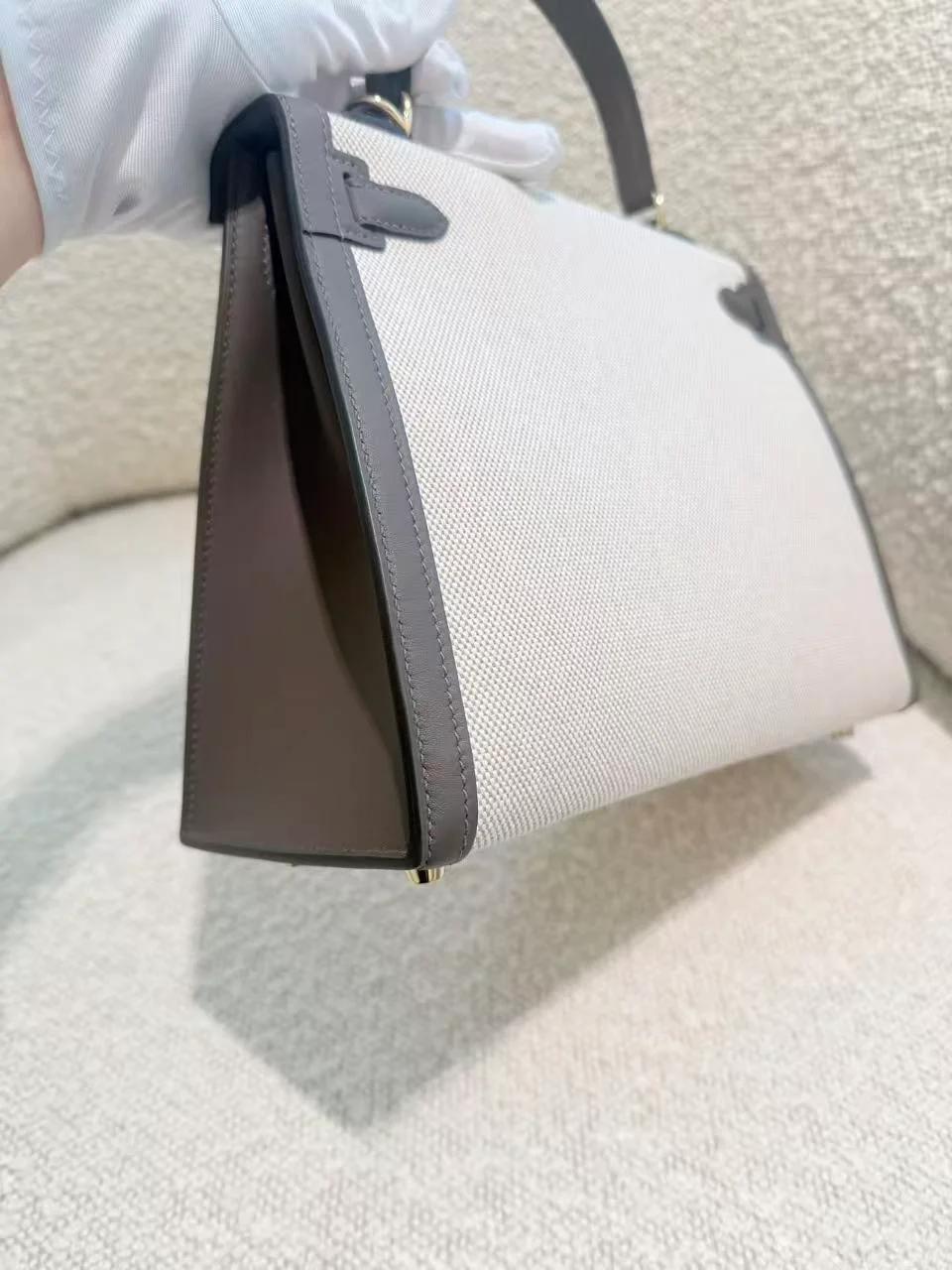 Brand New ( Rank N ) HERMÈS Kelly 25 Sellier Ecorce (4C) Beige Swift Toile H canvas Permabrass hardware K (2025) - 12