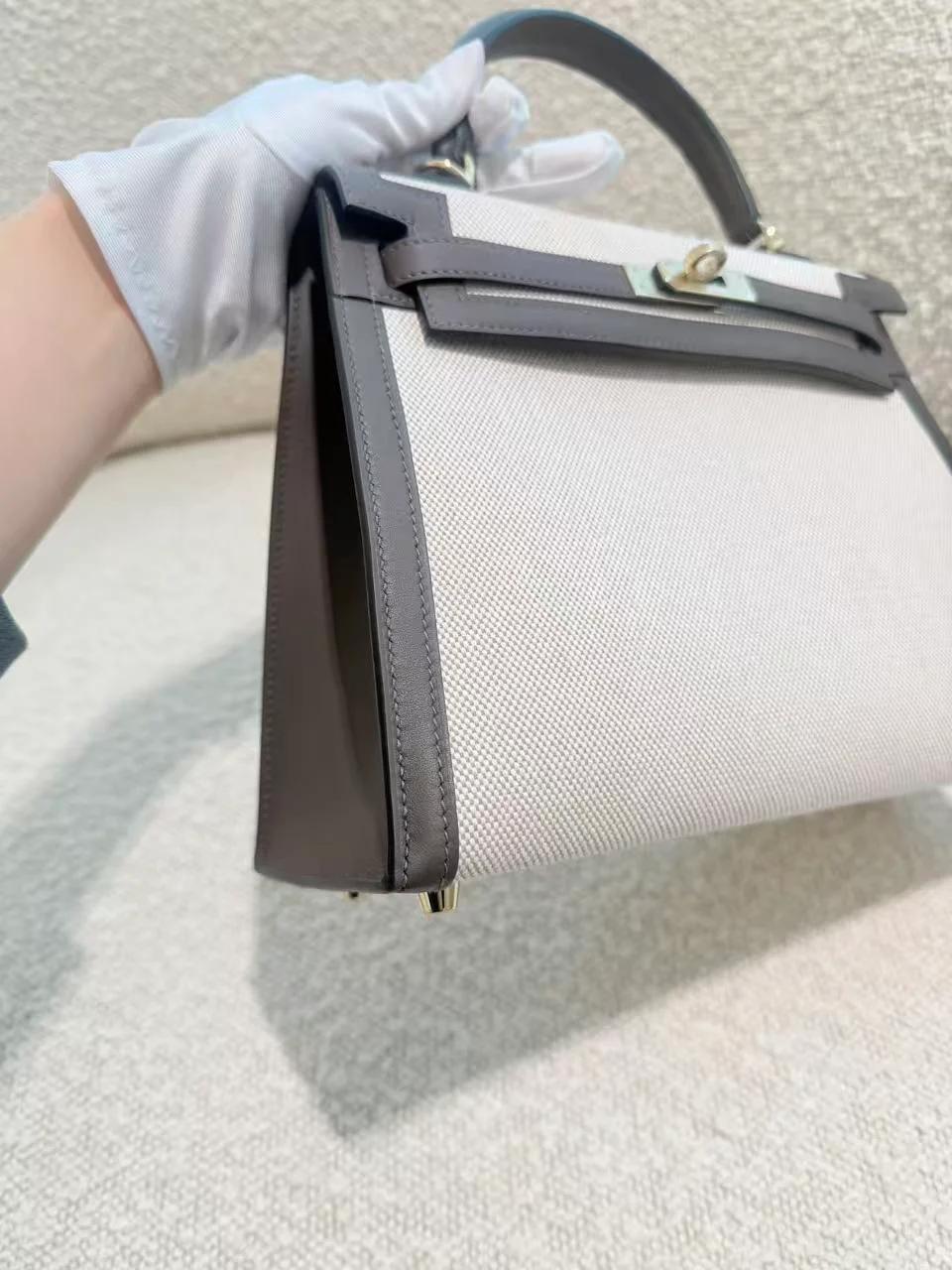 Brand New ( Rank N ) HERMÈS Kelly 25 Sellier Ecorce (4C) Beige Swift Toile H canvas Permabrass hardware K (2025) - 10