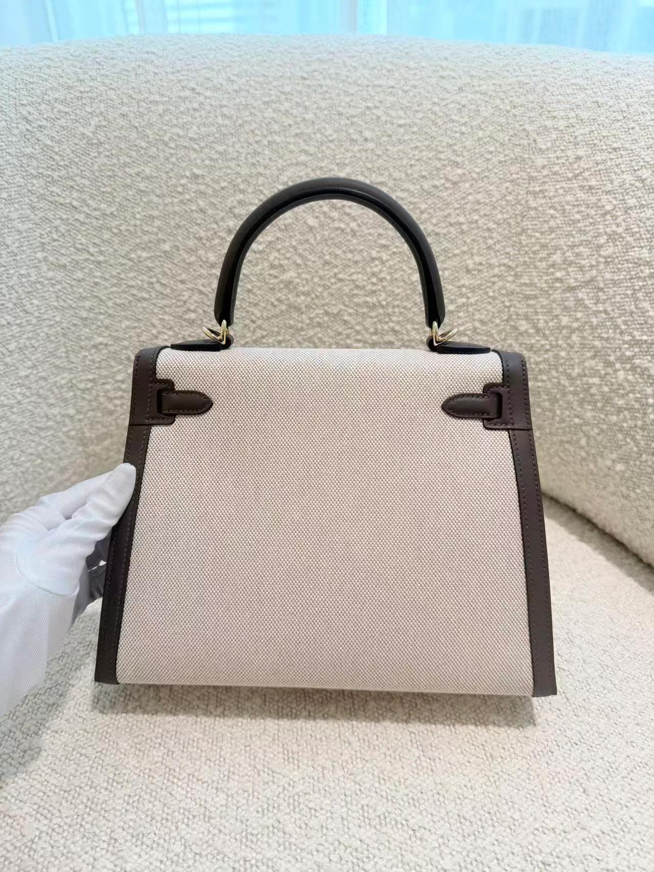 Brand New ( Rank N ) HERMÈS Kelly 25 Sellier Ecorce (4C) Beige Swift Toile H canvas Permabrass hardware K (2025) - 6