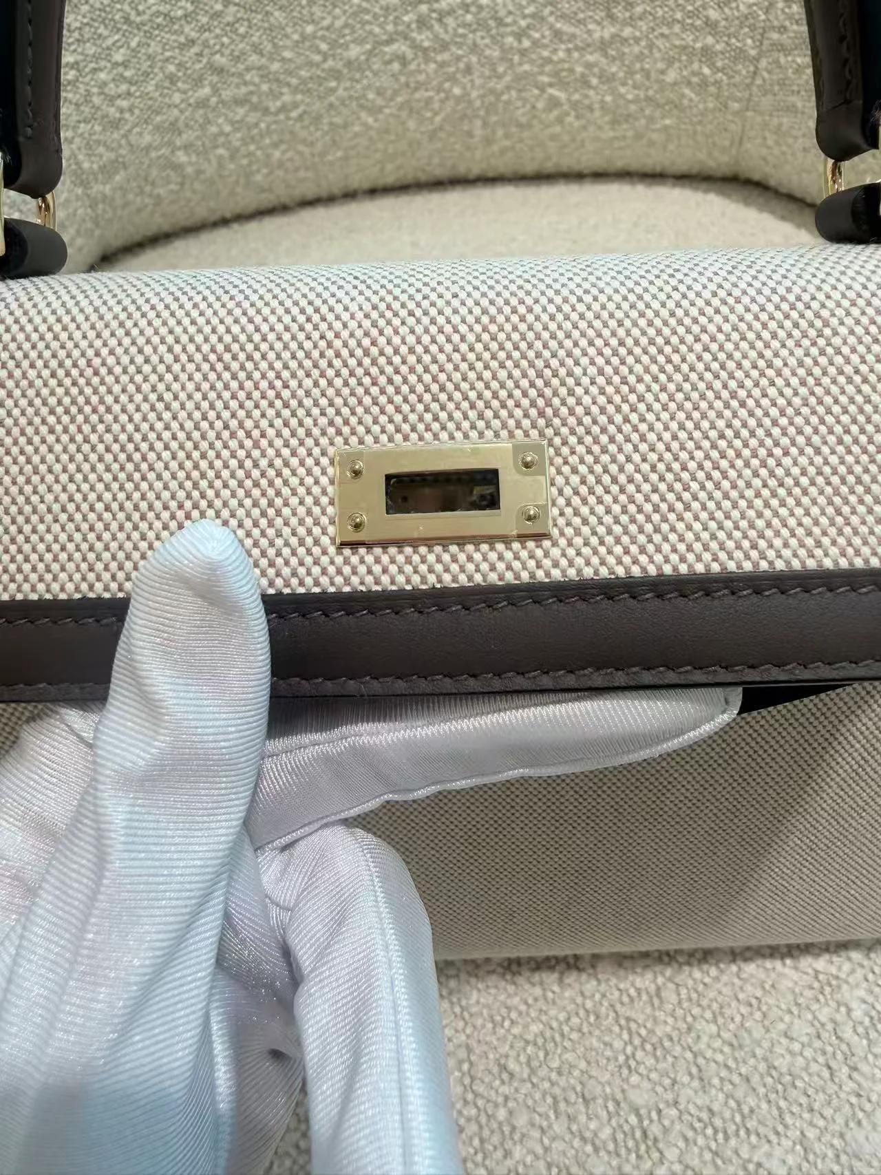 Brand New ( Rank N ) HERMÈS Kelly 25 Sellier Ecorce (4C) Beige Swift Toile H canvas Permabrass hardware K (2025) - 16