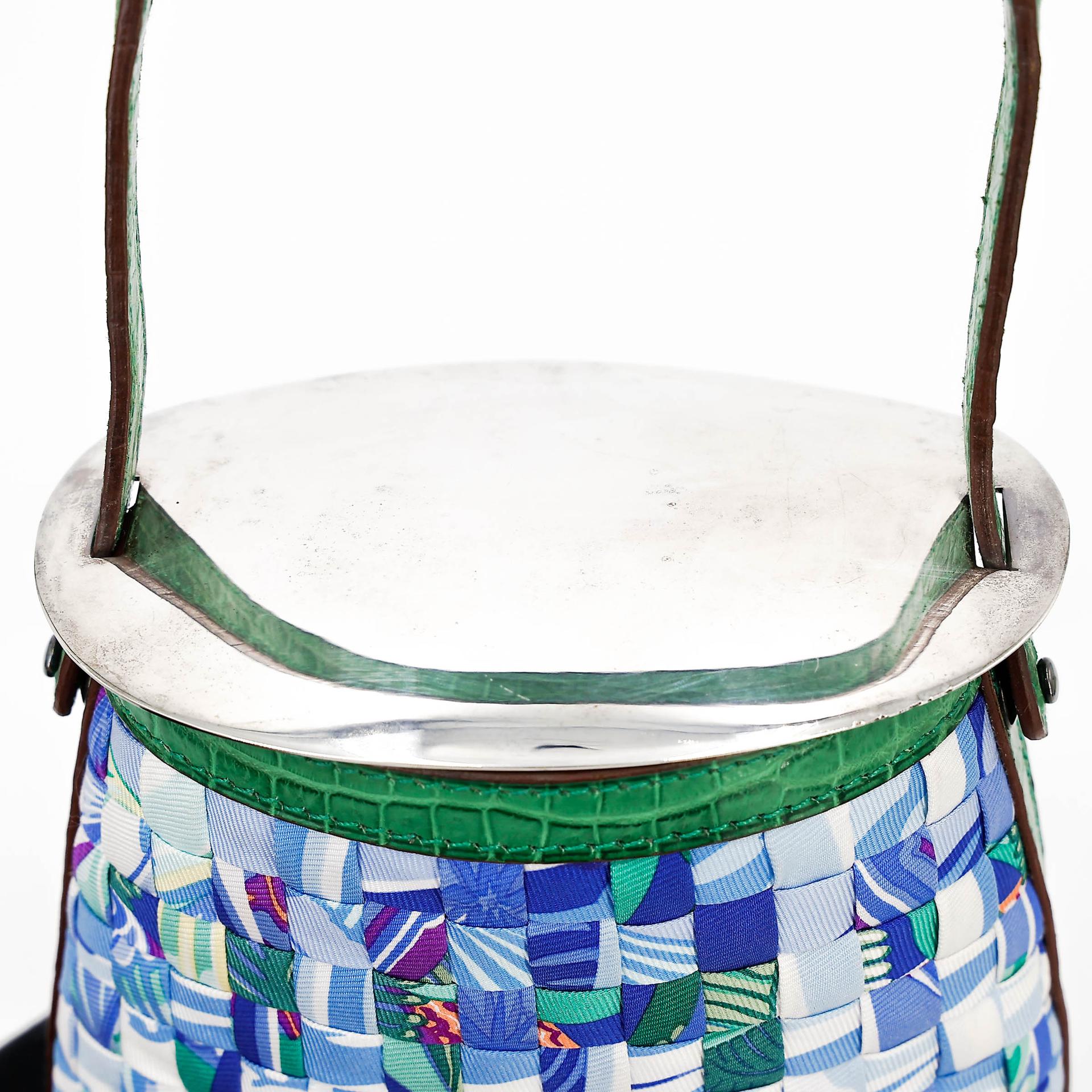 Excellent ( Rank SA ) HERMÈS Stromboli Woven Patchwork Bucket Bag Green Blue Matte Alligator Silver 925 Palladium hardware - 8