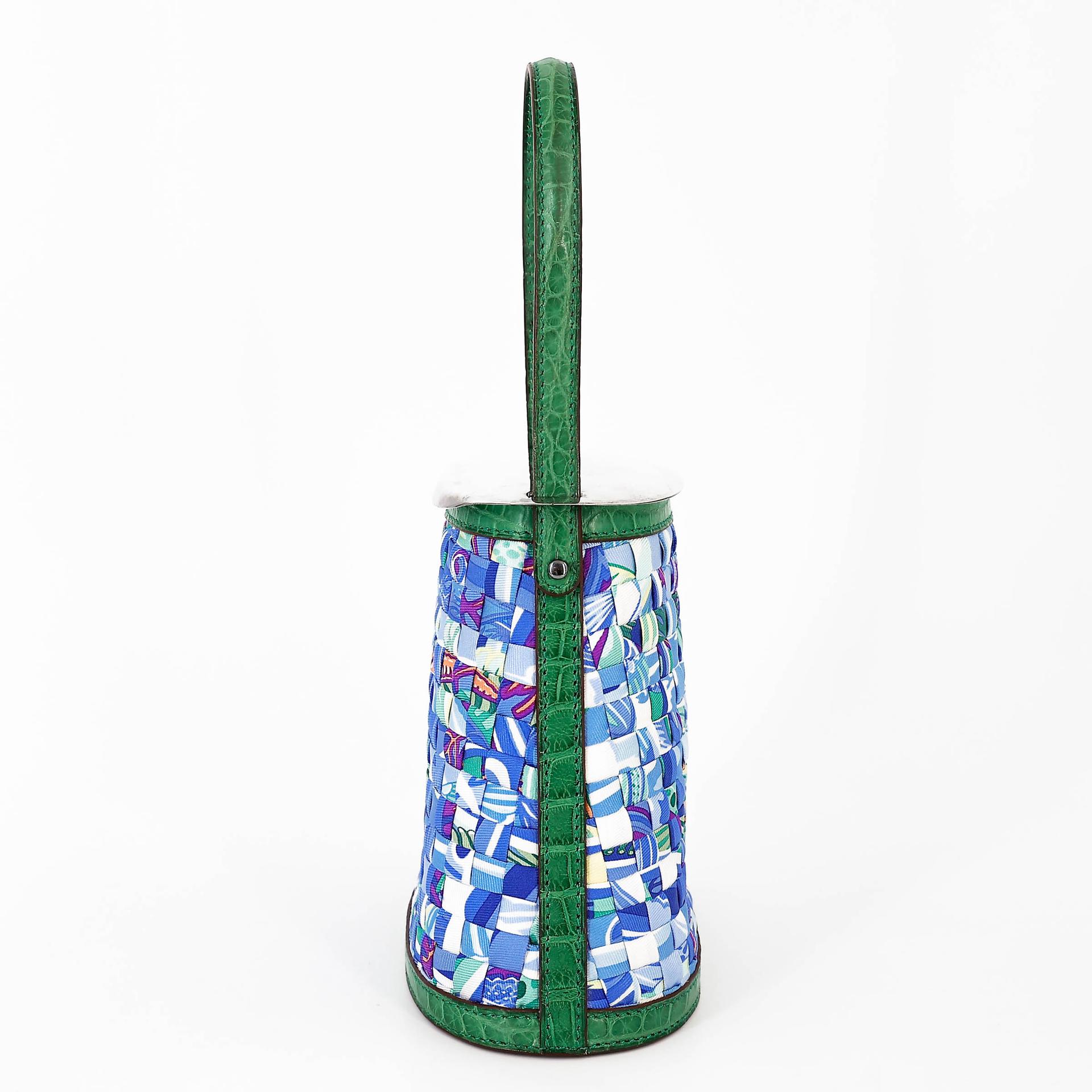 Excellent ( Rank SA ) HERMÈS Stromboli Woven Patchwork Bucket Bag Green Blue Matte Alligator Silver 925 Palladium hardware - 7