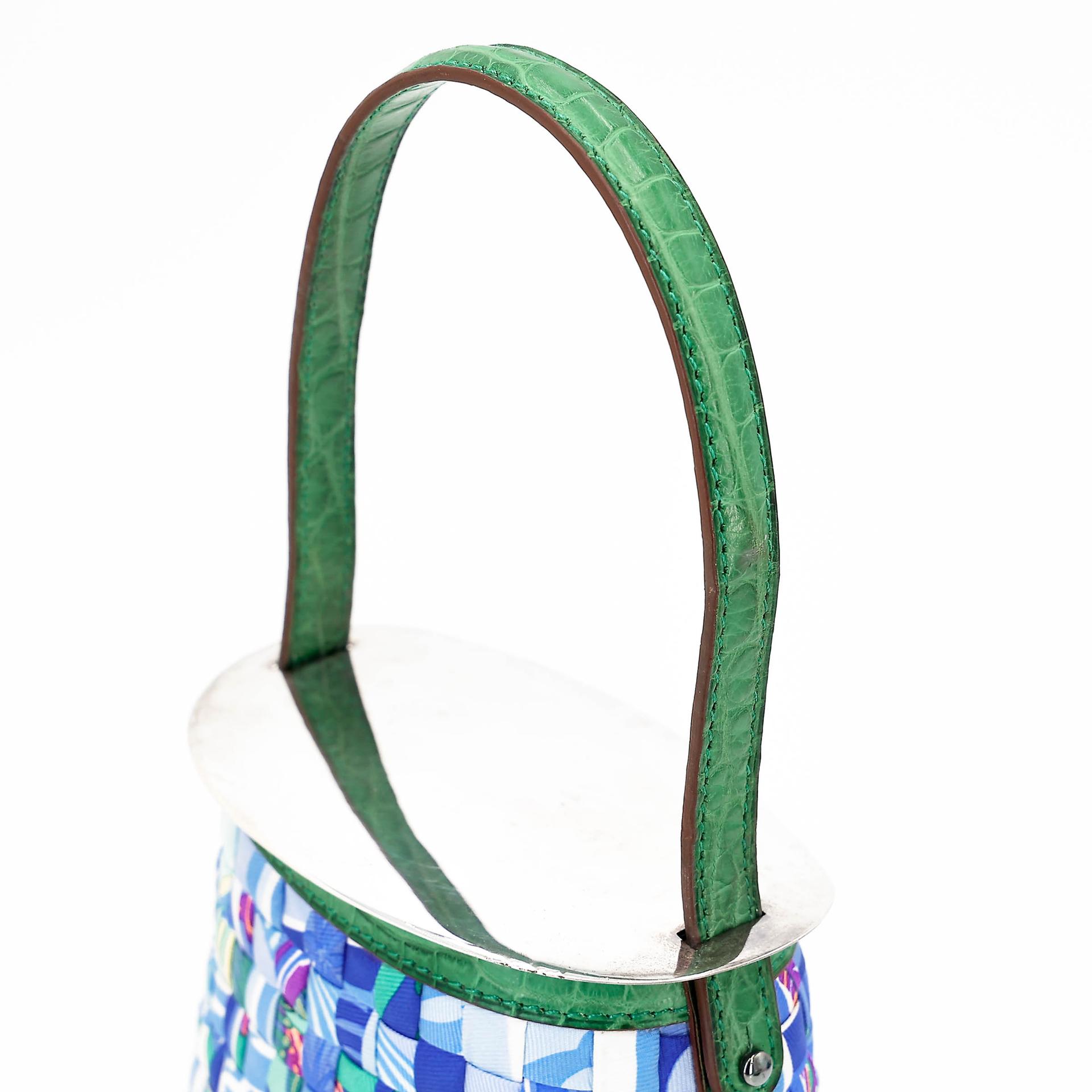 Excellent ( Rank SA ) HERMÈS Stromboli Woven Patchwork Bucket Bag Green Blue Matte Alligator Silver 925 Palladium hardware - 3