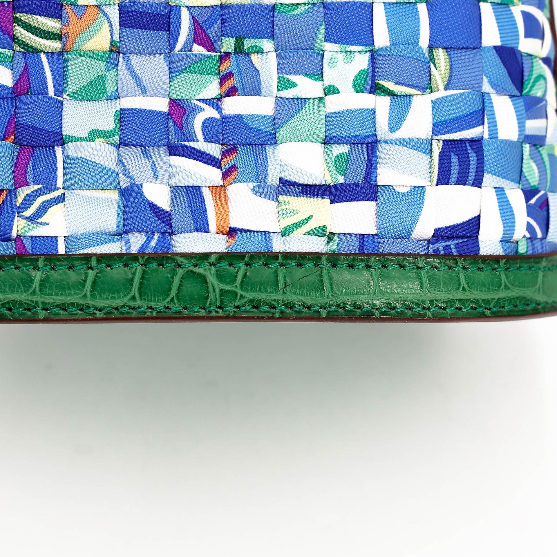 Excellent ( Rank SA ) HERMÈS Stromboli Woven Patchwork Bucket Bag Green Blue Matte Alligator Silver 925 Palladium hardware - 18
