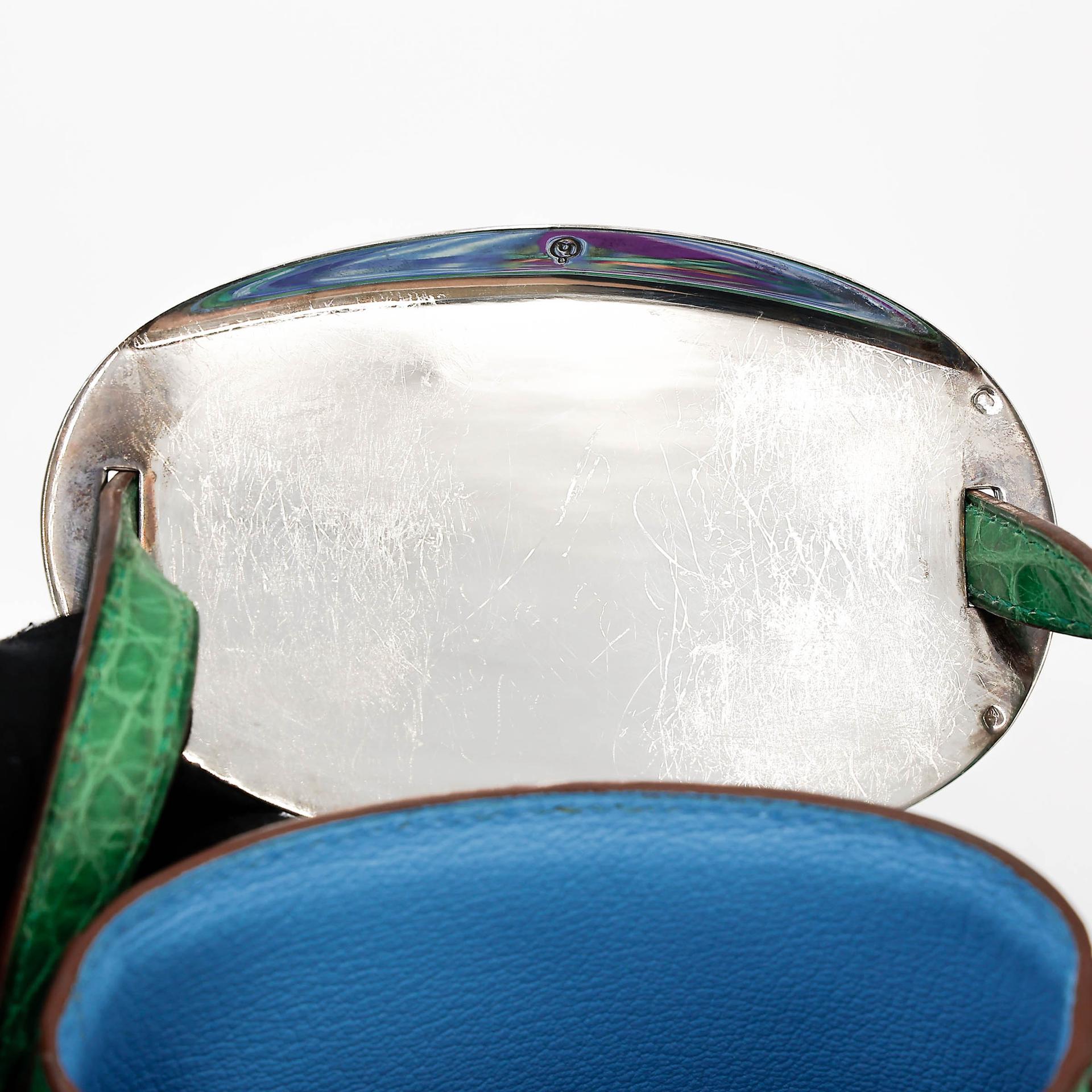 Excellent ( Rank SA ) HERMÈS Stromboli Woven Patchwork Bucket Bag Green Blue Matte Alligator Silver 925 Palladium hardware - 10
