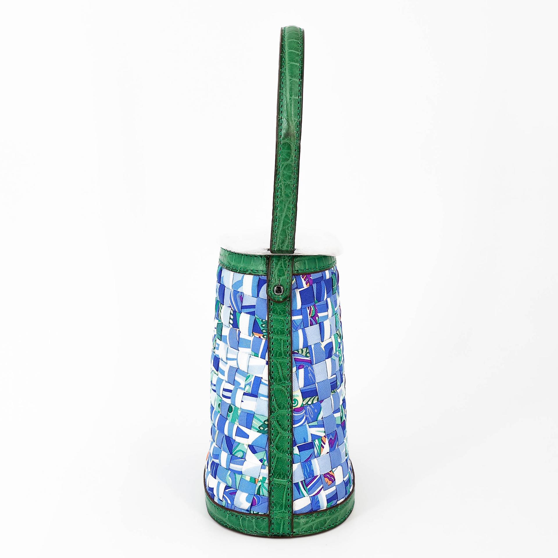Excellent ( Rank SA ) HERMÈS Stromboli Woven Patchwork Bucket Bag Green Blue Matte Alligator Silver 925 Palladium hardware - 6