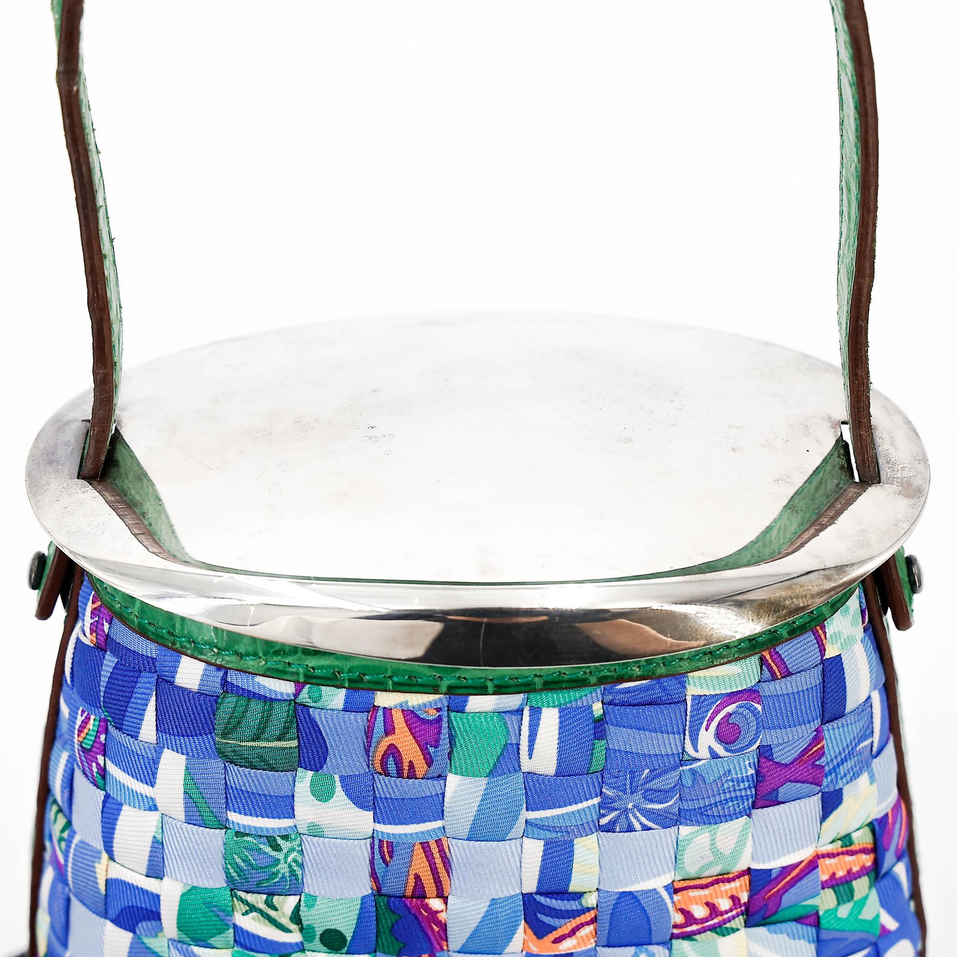 Excellent ( Rank SA ) HERMÈS Stromboli Woven Patchwork Bucket Bag Green Blue Matte Alligator Silver 925 Palladium hardware - 9