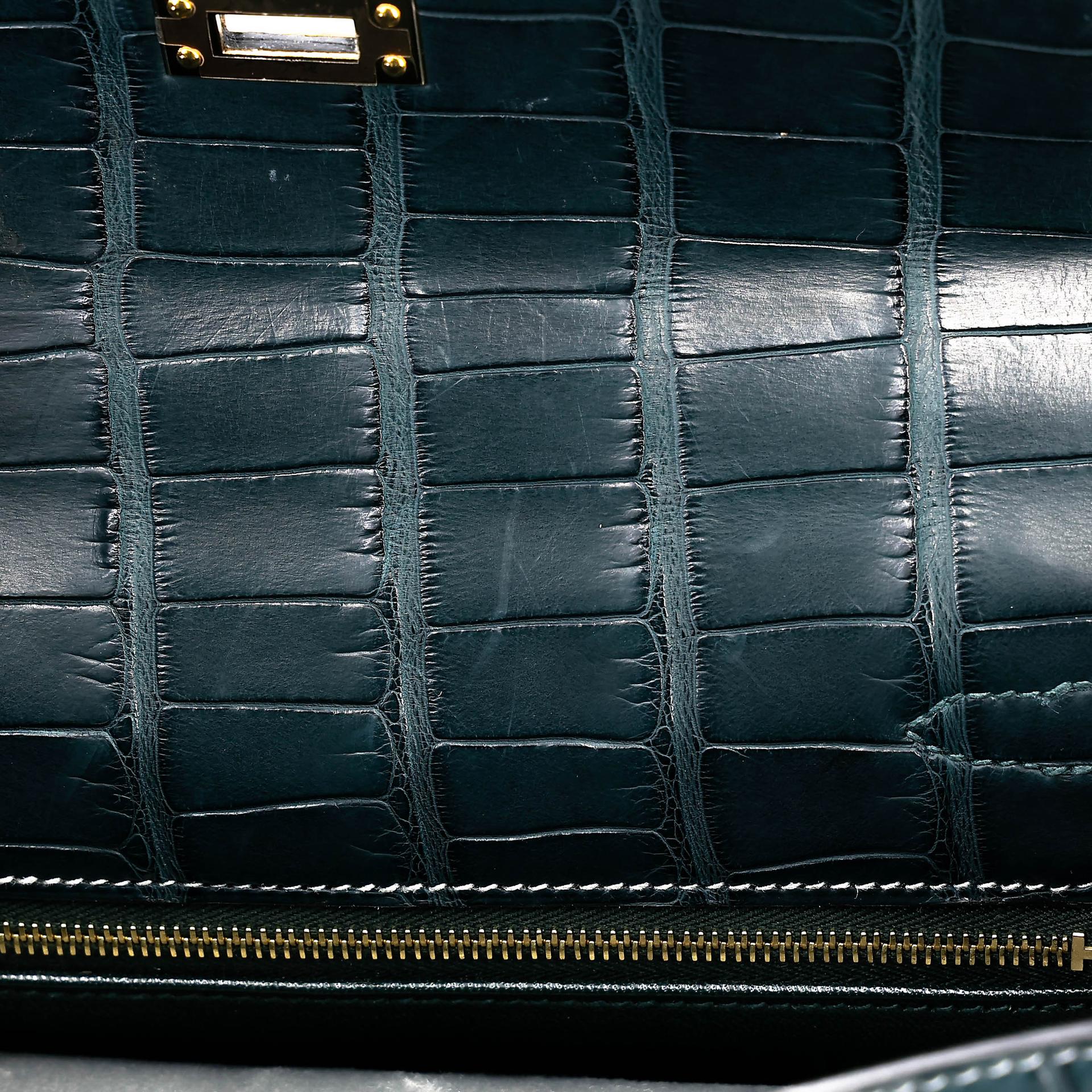 Very Good ( Rank A) HERMÈS Special Order Kelly 25 HSS Vert Cypress (6O) Gris Perle (80) Matte Alligator Permabrass hardware U (2022) - 18