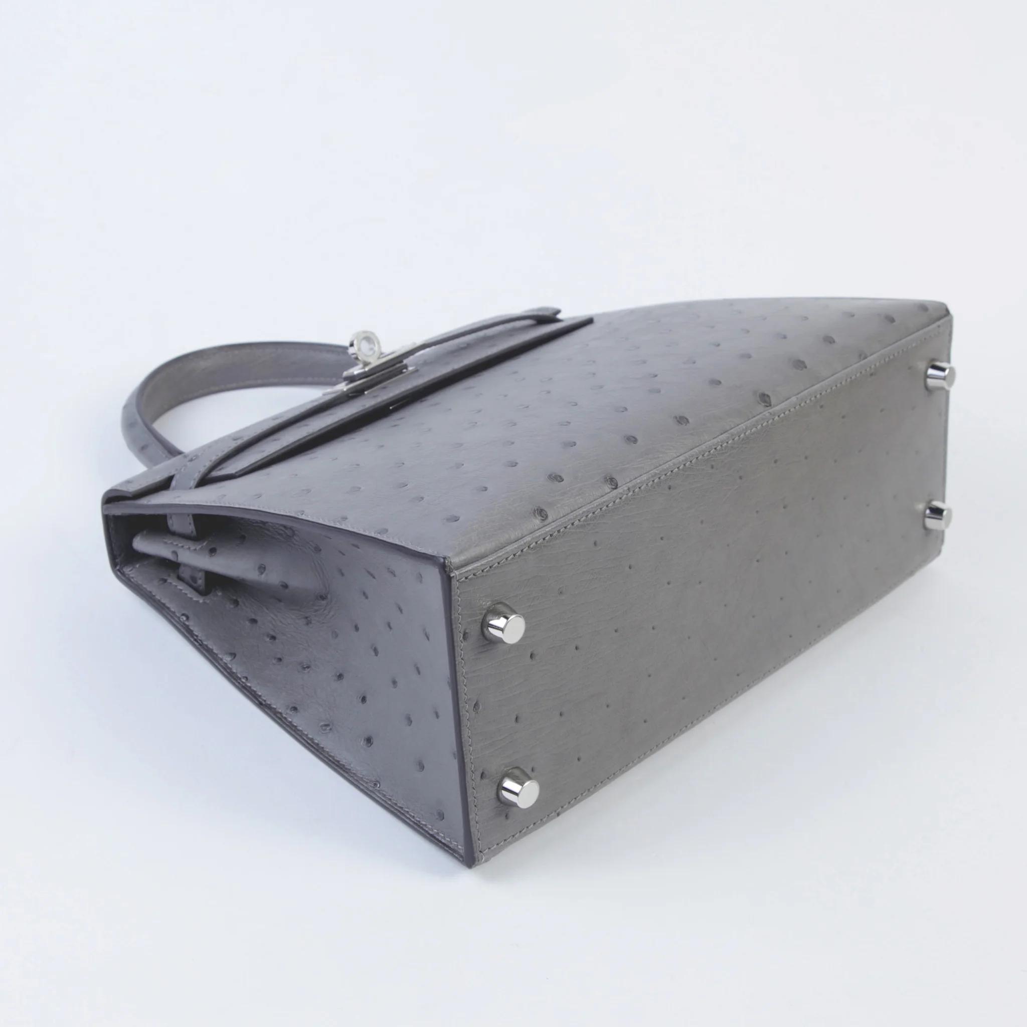Unused ( Rank NS ) HERMÈS Kelly 25 Sellier Gris Meyer (0L) Ostrich Palladium hardware B (2023) - 4