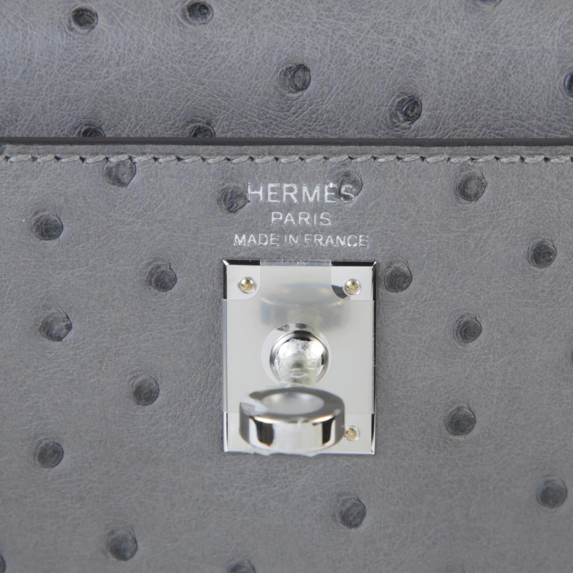 Unused ( Rank NS ) HERMÈS Kelly 25 Sellier Gris Meyer (0L) Ostrich Palladium hardware B (2023) - 9
