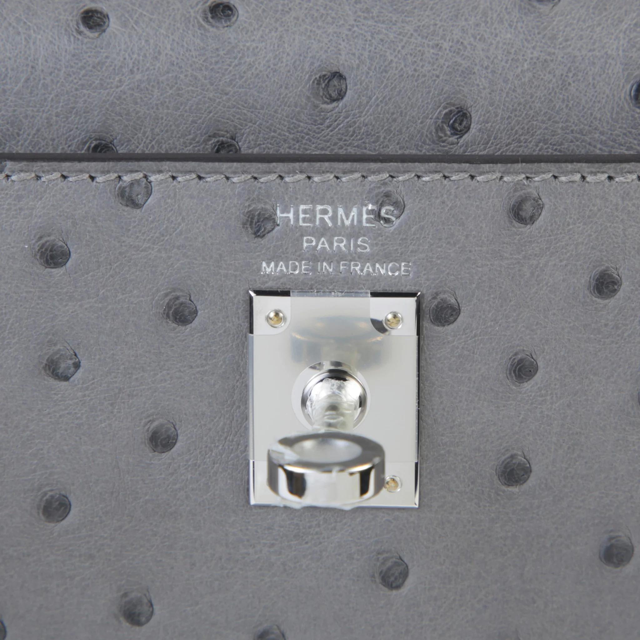 Unused ( Rank NS ) HERMÈS Kelly 25 Sellier Gris Meyer (0L) Ostrich Palladium hardware B (2023) - 9