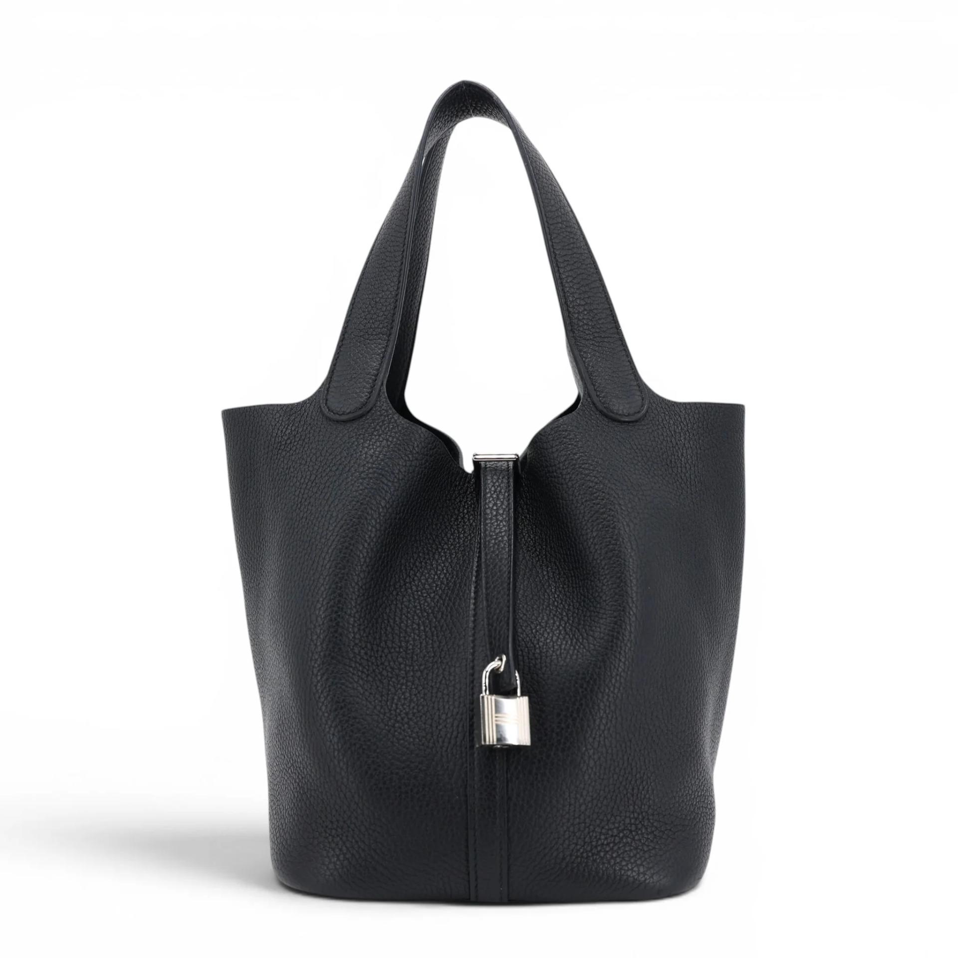 Excellent ( Rank SA ) HERMÈS Picotin Lock MM Noir (89) Clemence Palladium hardware Y (2020) - 1