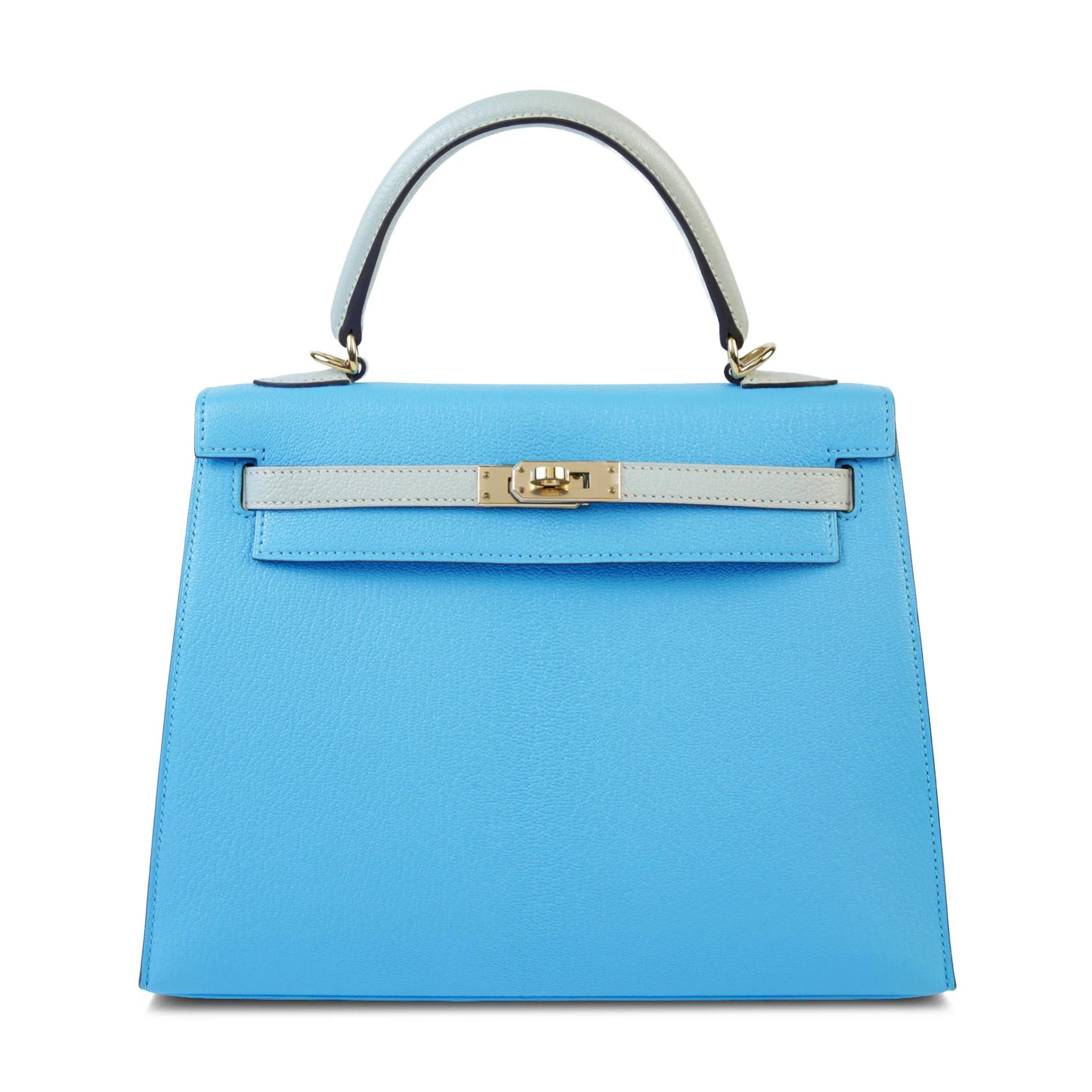 Very Good ( Rank A) HERMÈS Special Order Kelly 25 Sellier Celeste (7N) Gris Perle (80) Chevre Permabrass hardware Z (2021) - 1