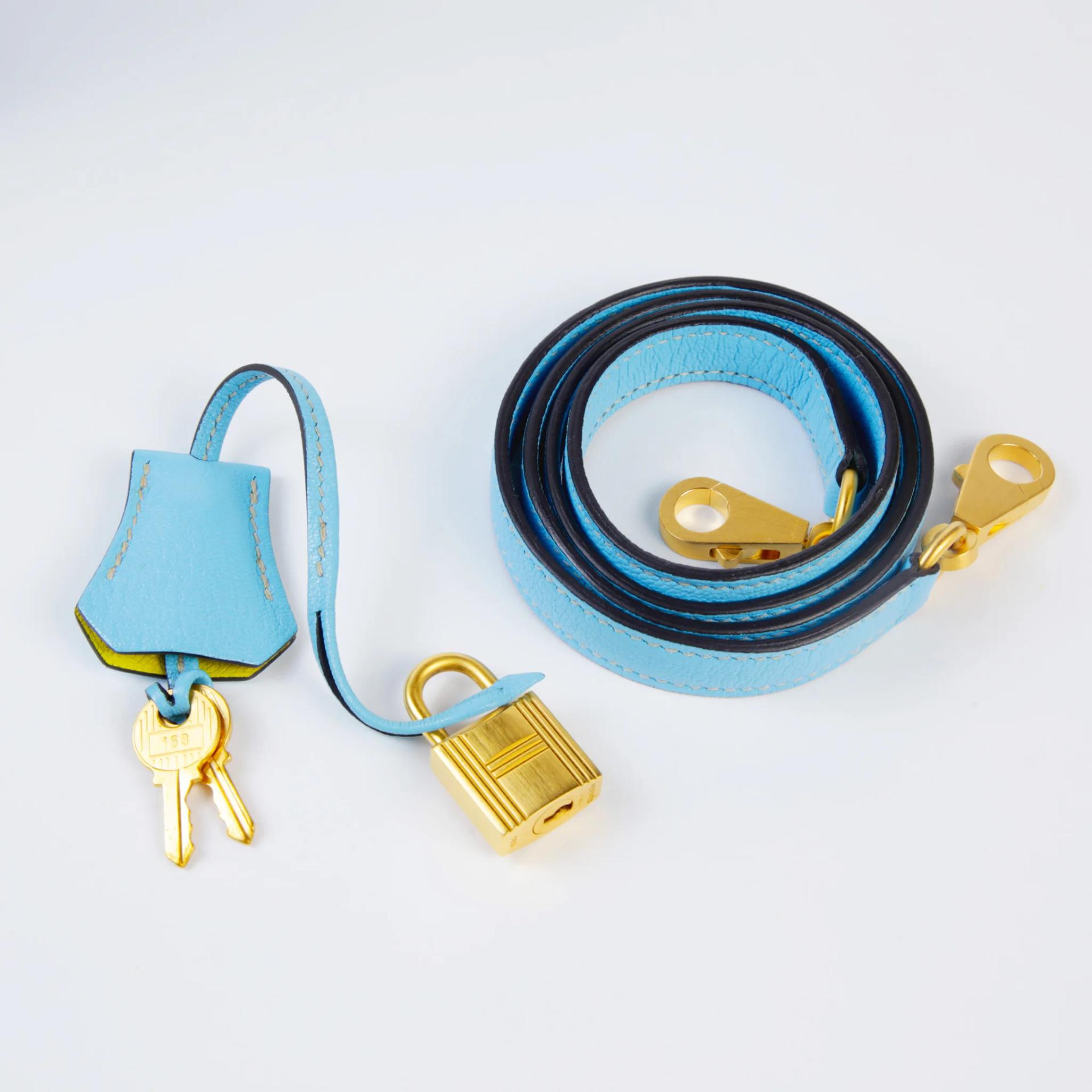 Very Good ( Rank A) HERMÈS Special Order Kelly 25 Sellier Celeste (7N) Lime (9R) Chevre Brushed Gold hardware Z (2021) - 14