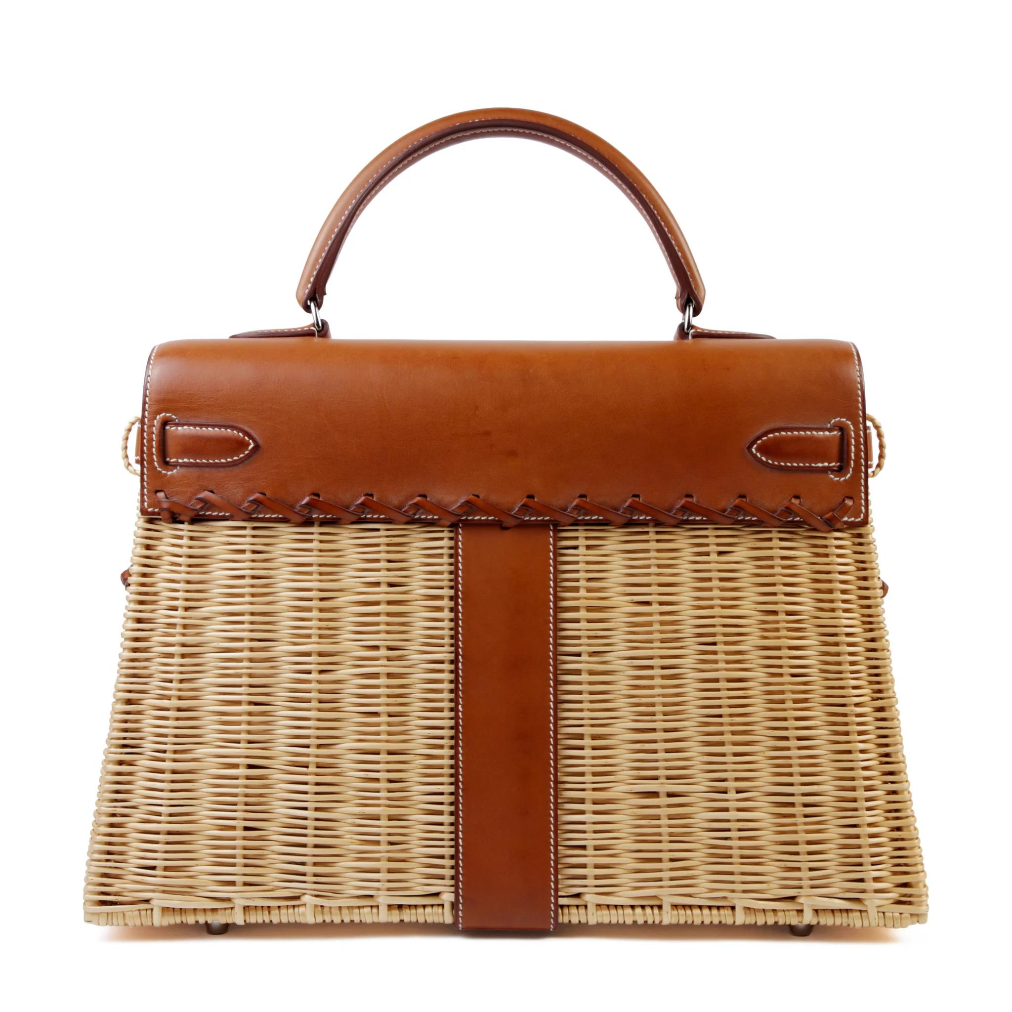 Very Good ( Rank A) HERMÈS Limited Edition Kelly 35 Picnic Fauve (34) Osier Wicker Barenia Palladium hardware Square O (2011) - 2